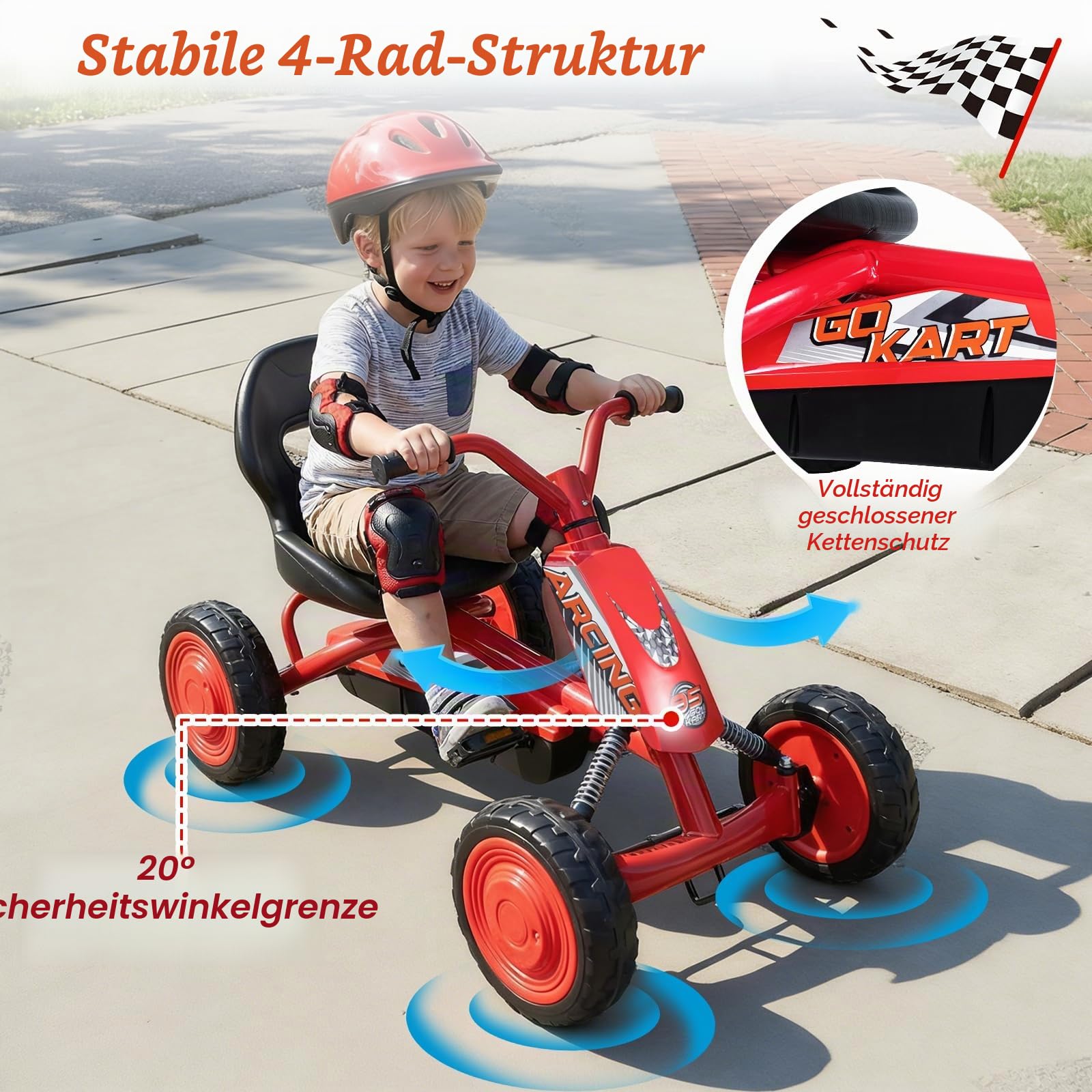 FANTASK Kinder Gokart mit Pedal, Verstellbarer Sitz, Vor- & Rückwärtsgang, Belastbar bis 30 kg, Outdoor Tretauto für Jungen & Mädchen ab 3 Jahren (Rot)