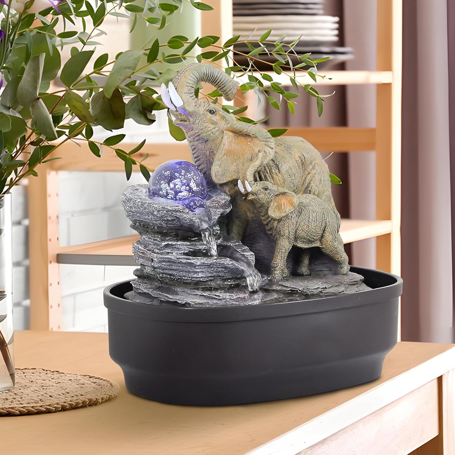 Elephant Tabletop Fountain with Rotating LED Crystal Ball & Cascading Rocks, 10.8" Indoor Waterfall Decor for Living Room,Office,Bedroom,Study,Zen Elephant Lover Gift