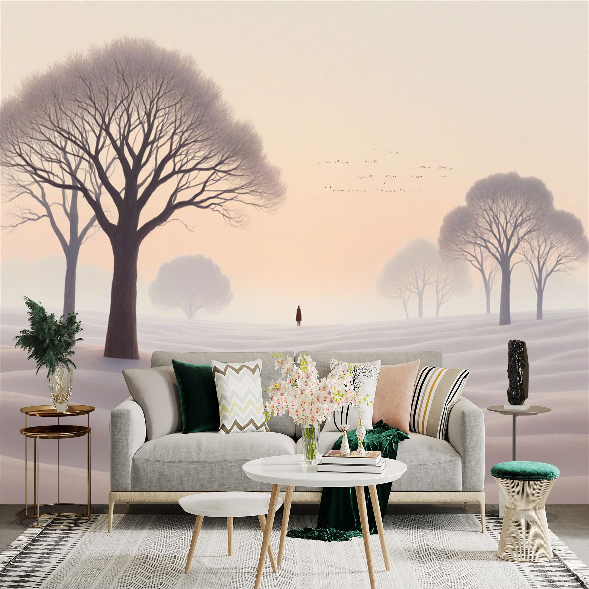 Lnzczhyre Xc260505643 Custom Size Wall Sticker Mural， Lone Wanderer In Misty Desert， Surreal Landscape With Bare Trees， Serene Minimalist Horizon， For Wall Decoration， Peelandstick Wall Decals.