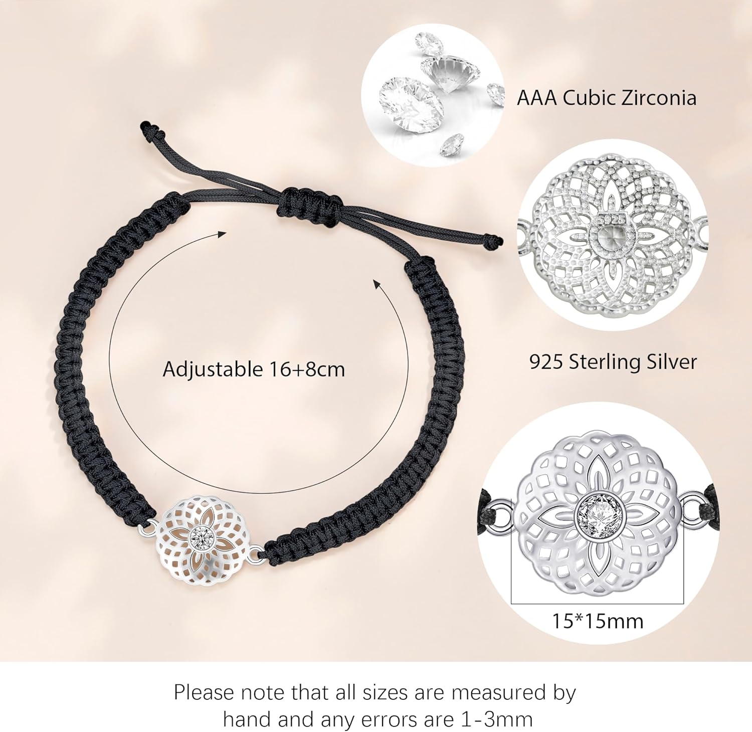 J.Endéar Mandala Flower Bracelet 925 Sterling Silver for Women, Handmade Braided Rope Black String Adjustable Lady Jewelry, Yoga Meditation Buddhist Spiritual Lucky Amulet Gift - Image 7