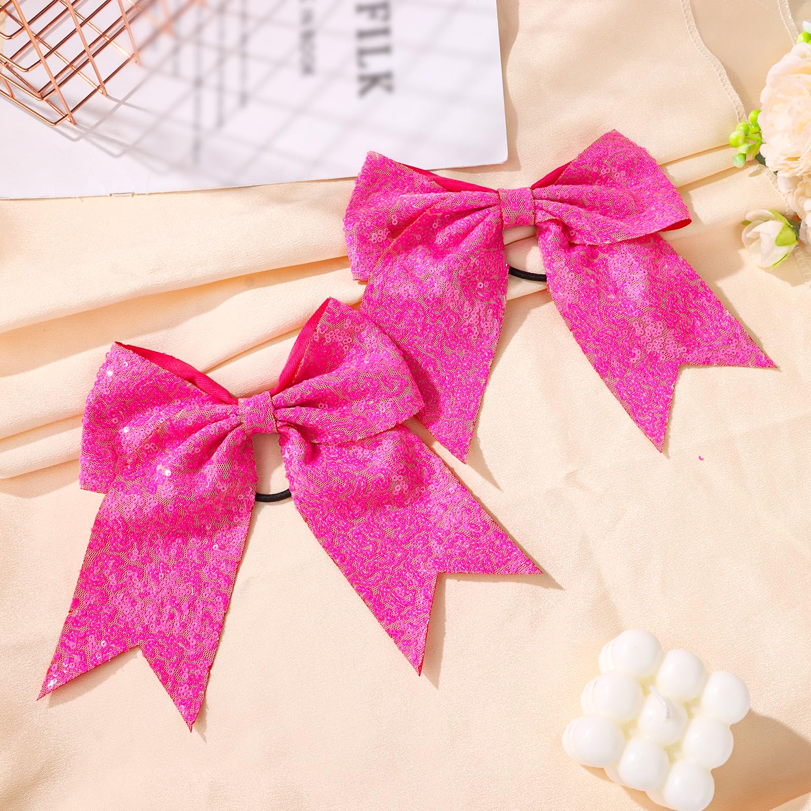 Padorul Hot Pink Bow Hair Ties for Women 2Pcs Sparkly Sequin Shining Hairband - Image 3