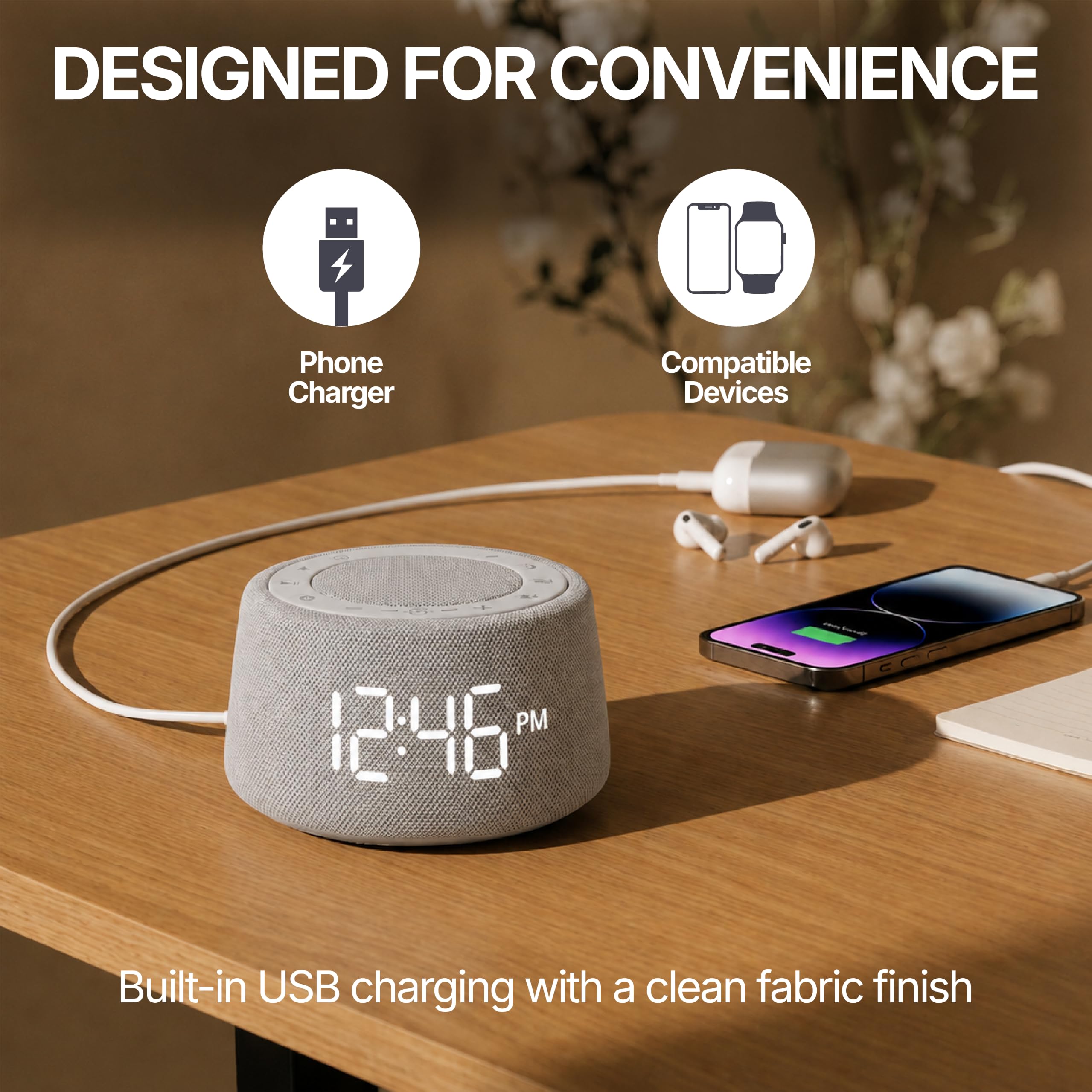 Wecker mit weißem Rauschen für Schlafzimmer, Bluetooth-Lautsprecher mit Schlafgeräuschen und Umgebungsnachtlicht, digitale Nachttischuhr für Erwachsene und schwere Schläfer, Grau