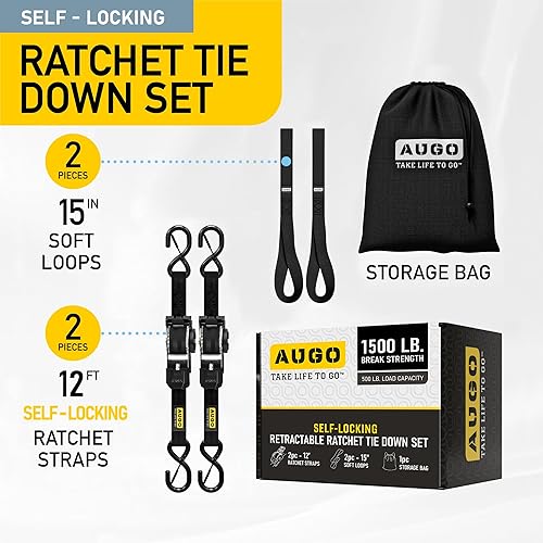 Vista 90 de AUGO Correas de trinquete retráctiles 2 correas de trinquete resistentes autoretráctiles con bucles suaves y bolsa de almacenamiento para Negro