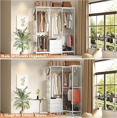 Miniatura 3 de Perchero resistente para colgar ropa, perchero independiente con 3 cajones de tela, estante de madera para armario, estantes ajustables para