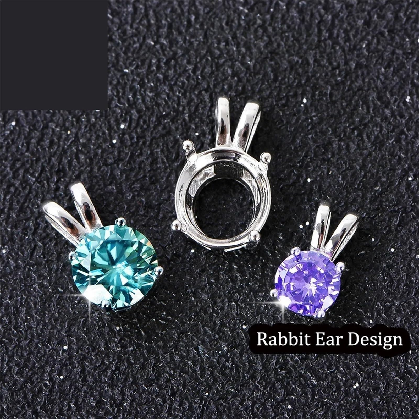 Colgante De Oreja De Conejo De Plata Con Montura En Blanco Y Piedras Redondas