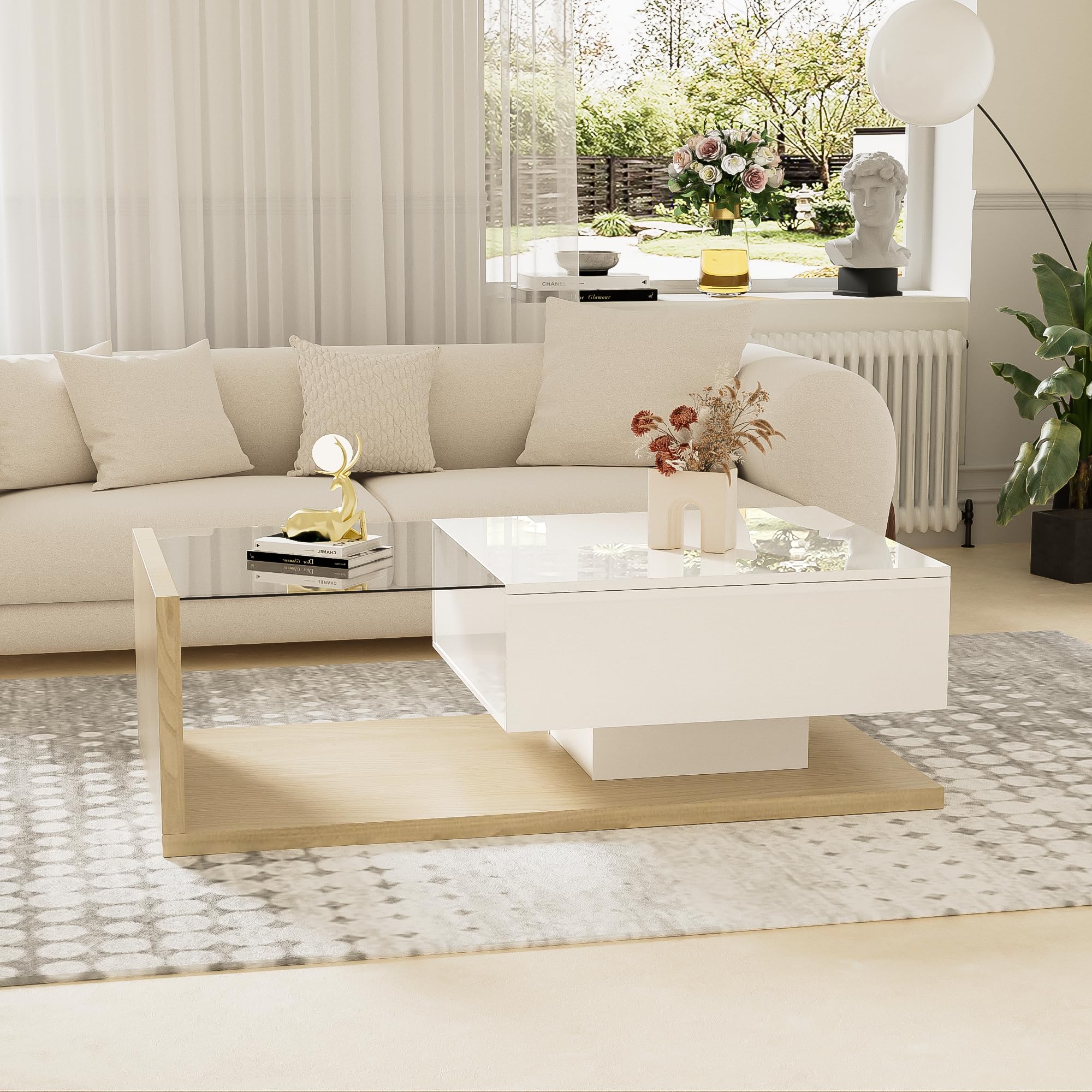 Mesa de centro de 105 x 55 x 32,5 cm, mesa auxiliar, mesa de café en color blanco brillante y combinación de colores de madera, mesas de centro con cristal y efecto LED para salón (blanco y