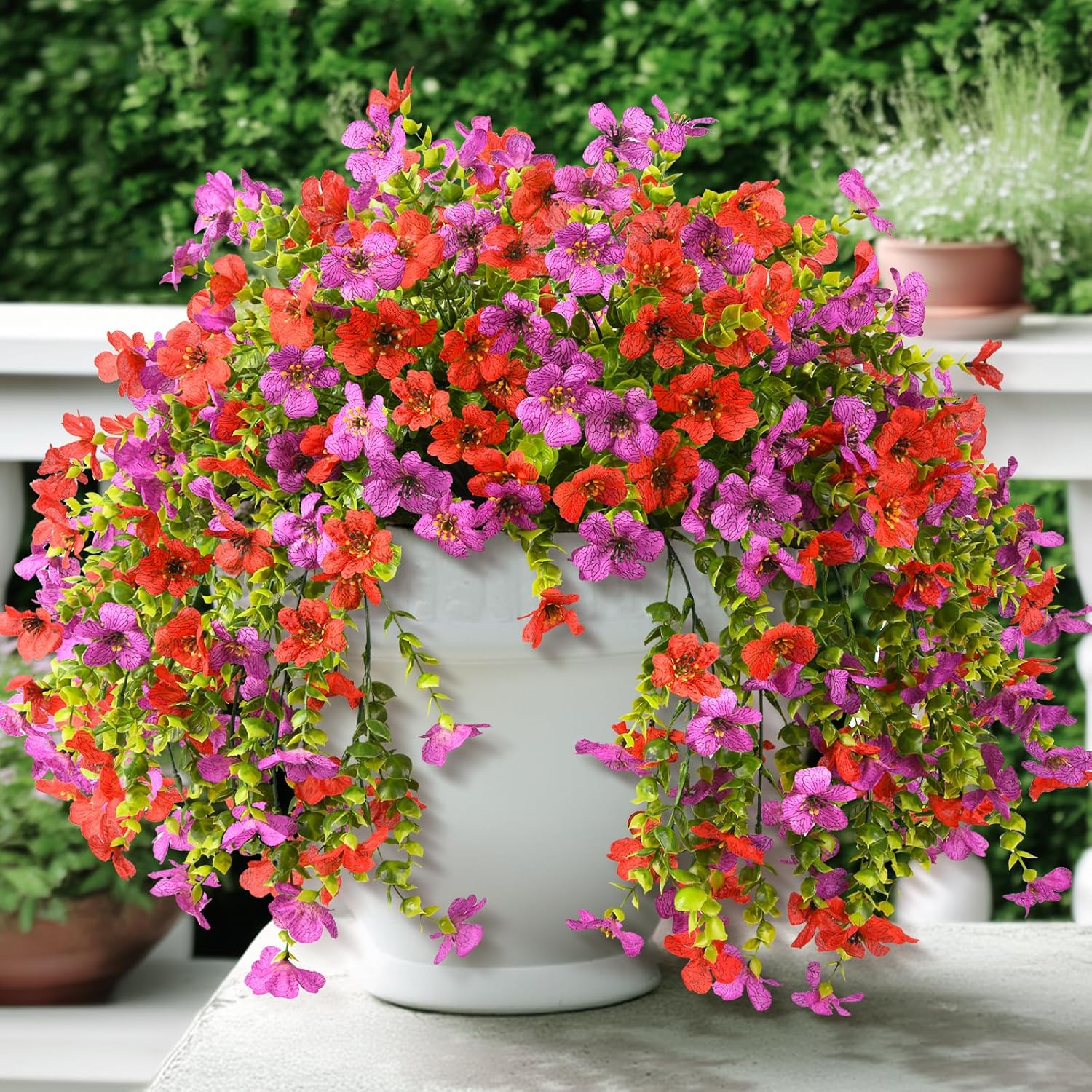 Artificial Hanging Flowers for Outdoors Spring Summer Decoration, 2PCS Silk Fake Daisy Realistic Outdoor Flowers UV Resistant Porch Patio Window Yard Decor(Purple Red)