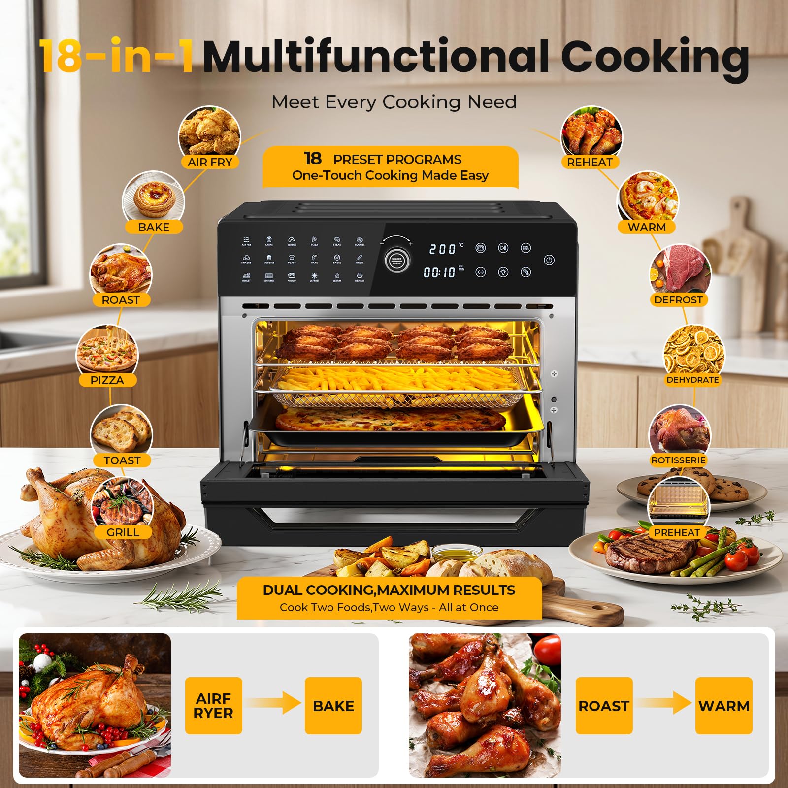 Heißluftfritteuse XXL 30L – Heißluftofen mit Umluft, 18 Programme, 9 Zubehörteile, LED-Touchscreen, Sichtfenster, 1800W, 80-230°C, ohne Öl, inkl. Rezeptbuch