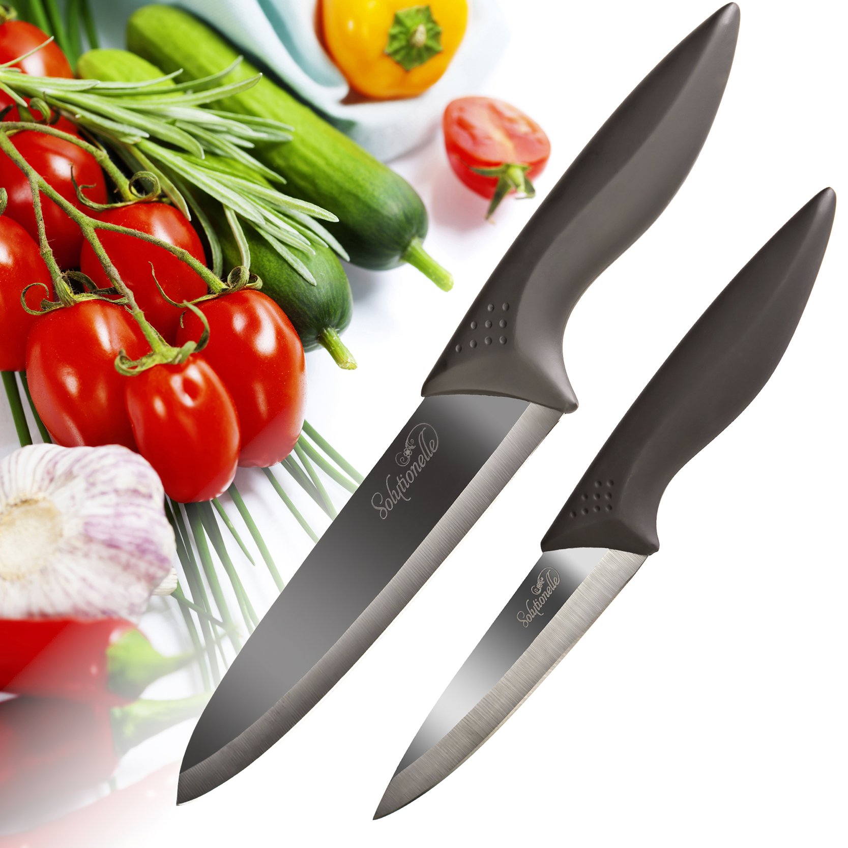 Ceramic Knife Set, 2pc + Sheaths - Chef and Paring Knives with Black Mirror Finish Blades