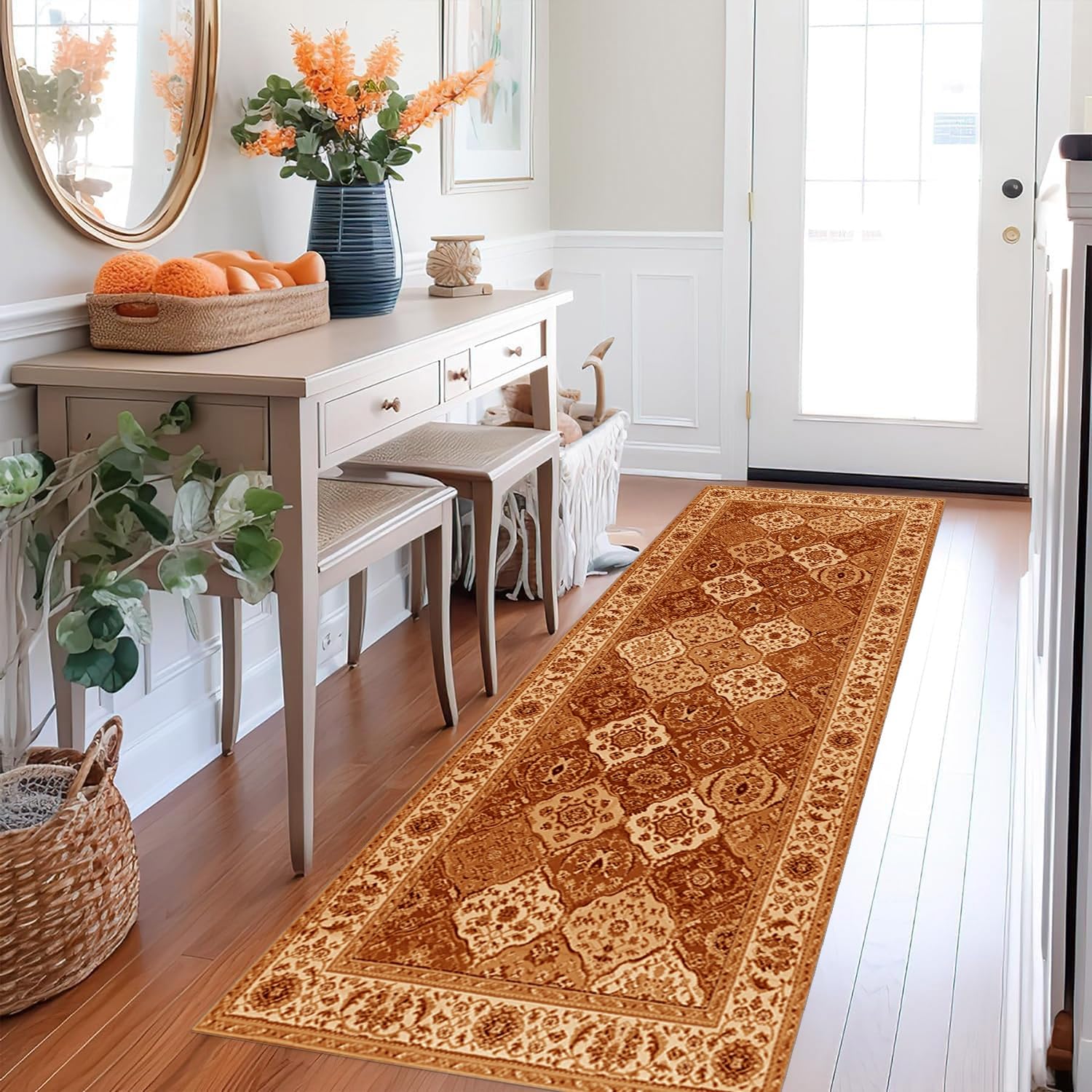 Tapis de couloir, cuisine, long, orange, antidérapant, lavable, design moderne, 40 x 300 cm, tapis de cuisine, vendu au mètre, pour salle à manger, chambre à coucher, salon, anti-salissures