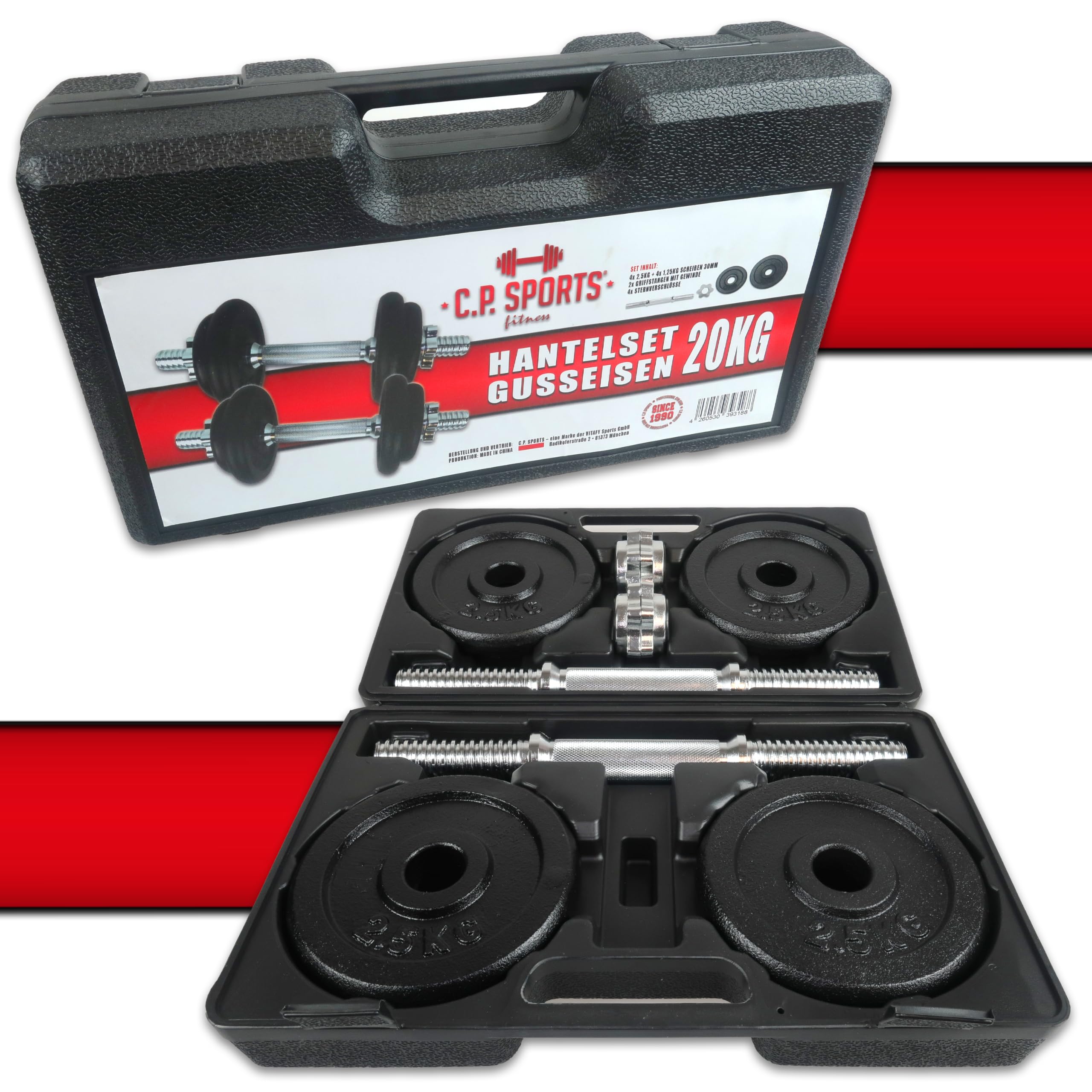 C.P.Sports Set di Manubri in Ghisa 20KG in Valigetta | 2 Manubri, 2 Barre, 8 Piastre di Peso, 4 Chiusure | Per Allenamento Pesi, Bodybuilding, Fitness, Palestra Domestica