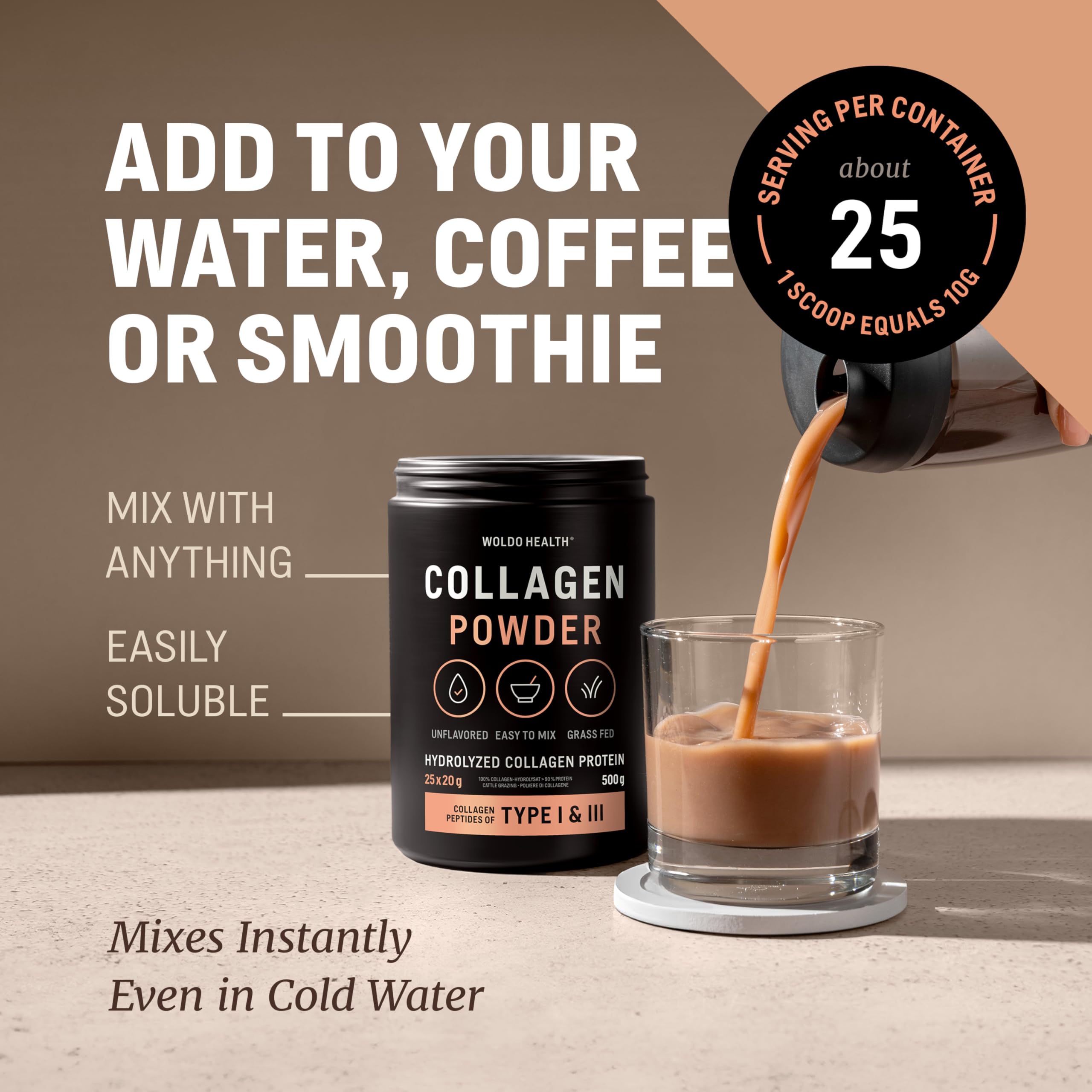 WoldoHealth Collagène Poudre 500g Bovin Hydrolysé - Protéine Neutre Peptides Type 1 & 3 pour Café & Shakes