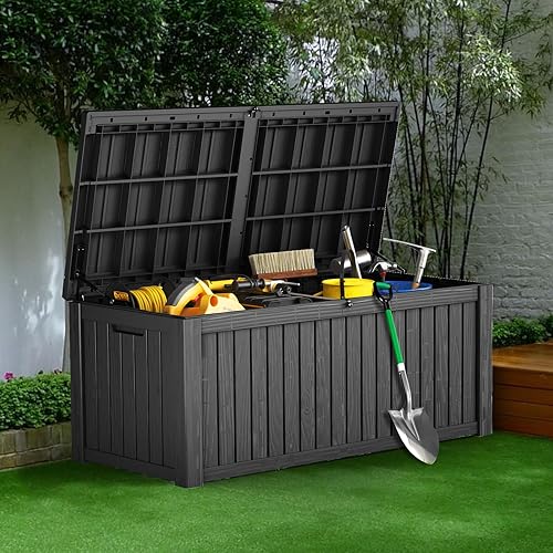 Miniatura 34 de Caja de almacenamiento para exteriores de 320 galones, impermeable, con cerradura, de resina, grande, contenedor de almacenamiento para patio,