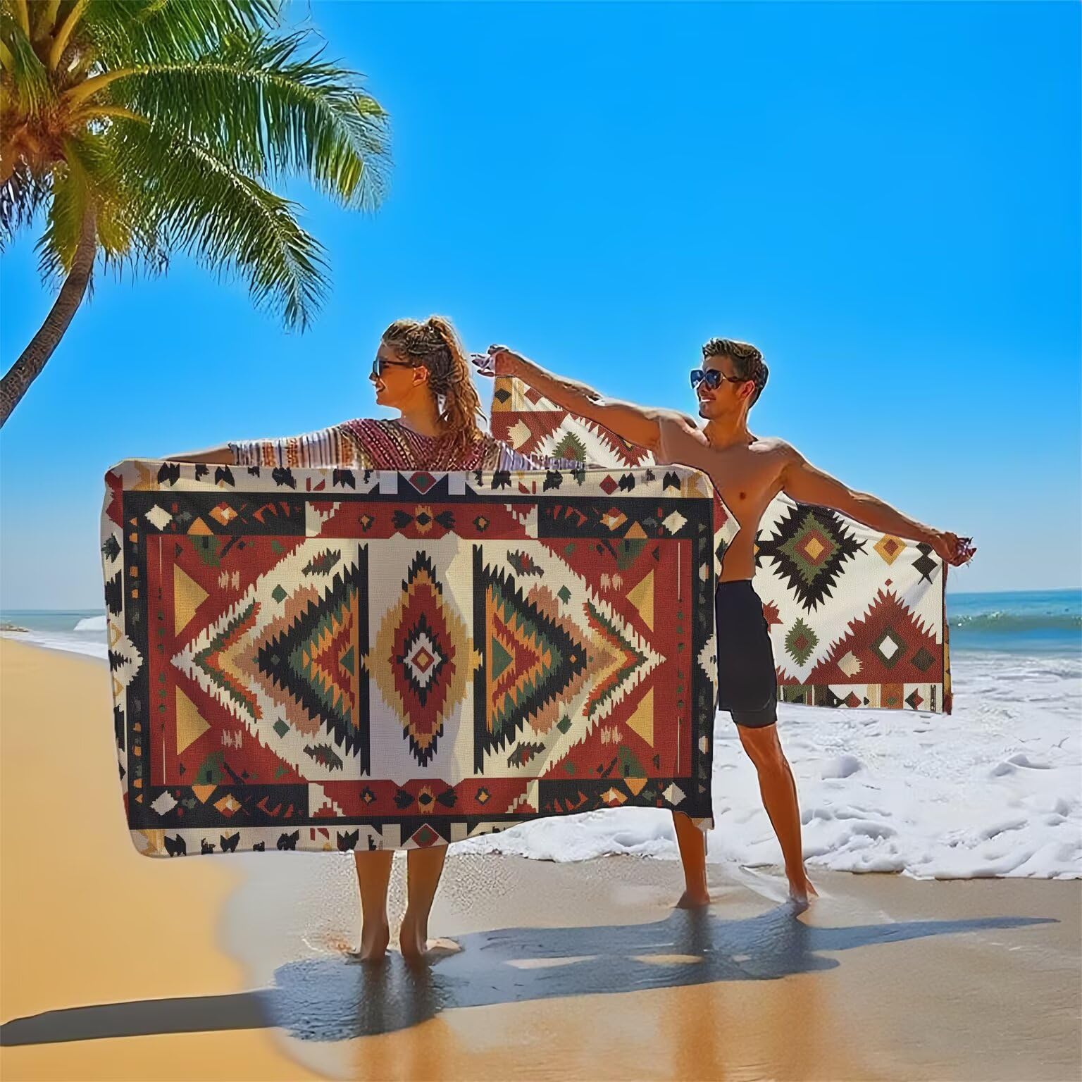 Serviette de Plage 90x180cm, Rouge Serviette Microfibre Lot de 2 Bohême Motif Ultra Absorbantes Séchage Rapide Anti Sable Légère Drap de Plage avec Bouton Pression Design pour Piscine Voyages,Model317