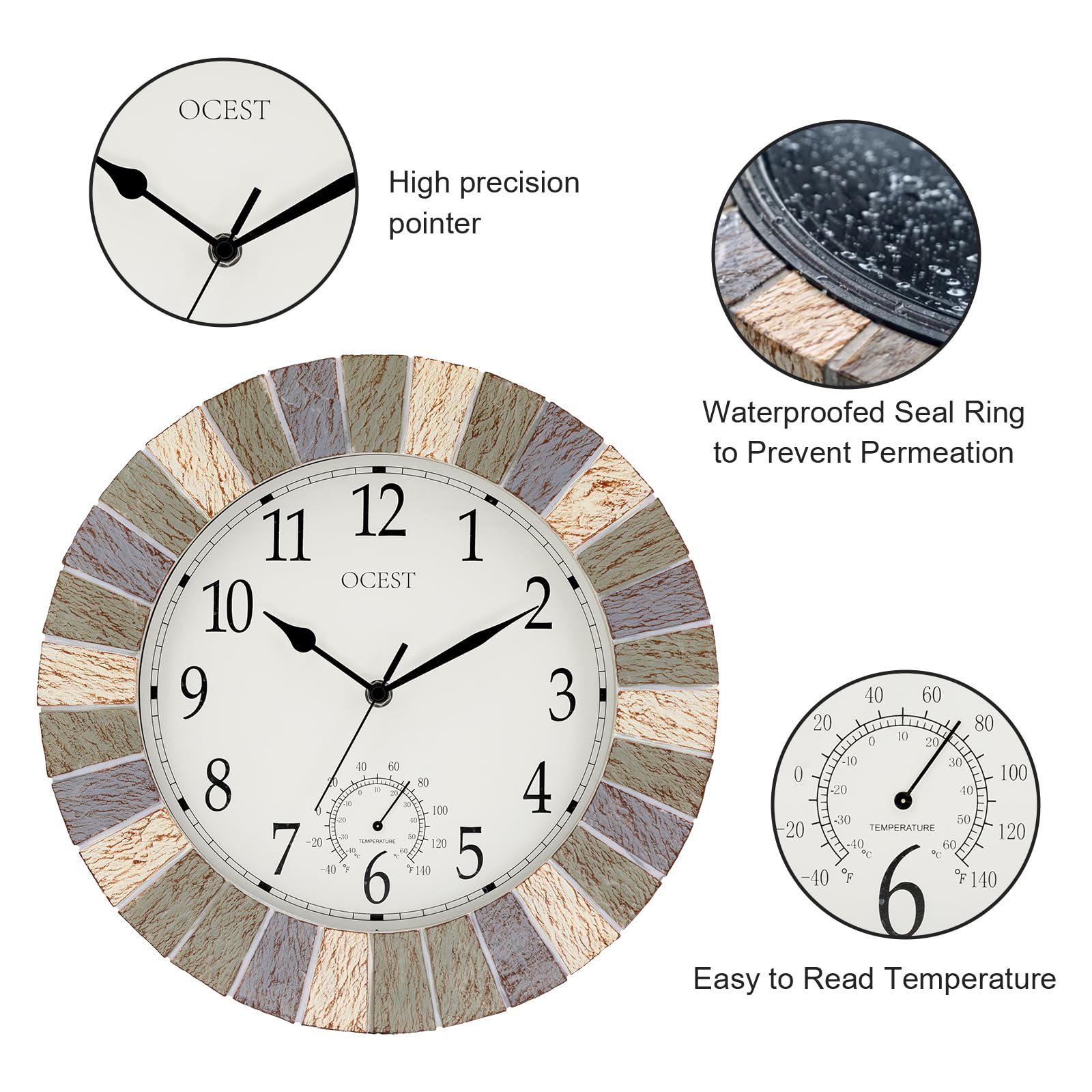 OCEST Reloj de 13 pulgadas para interiores y exteriores, impermeable, con termómetro, resistente a la intemperie, funciona con pilas, reloj decorativo para patio, piscina, porche, jardín (gris retro)