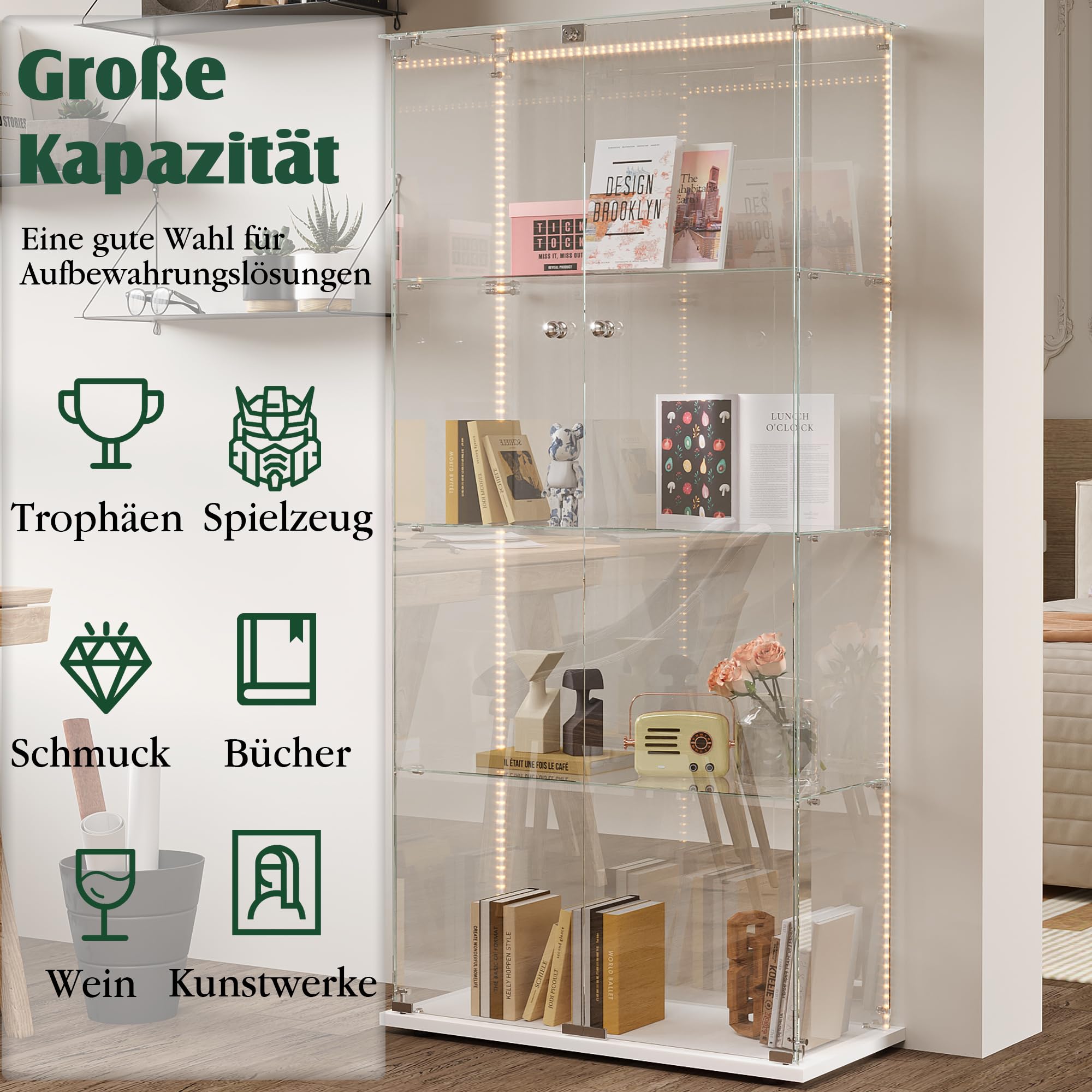 Vitrina de cristal con iluminación LED, vitrina de pie con 4 capas de vidrio, armario de exhibición con 2 puertas y cerradura, vitrina de cristal para sala de estar, oficina, piezas de