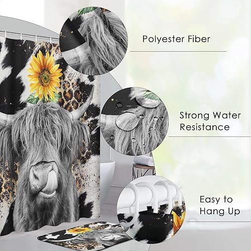 Miniatura 2 de Juego de 4 cortinas de ducha, diseño de vaca de las tierras altas, diseño de girasol, impermeable, con alfombras antideslizantes, cubierta para tapa