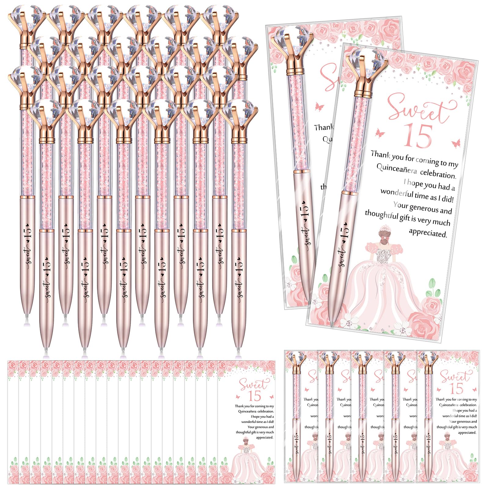 Sayglossy 50 Sets Quinceanera Party Favors Sweet 15th Thank You Gifts Diamond Pens with Thank You Cards Retractable Ballpoint Bling Pens 15 Birthday Gifts for Guests (Rose Gold)