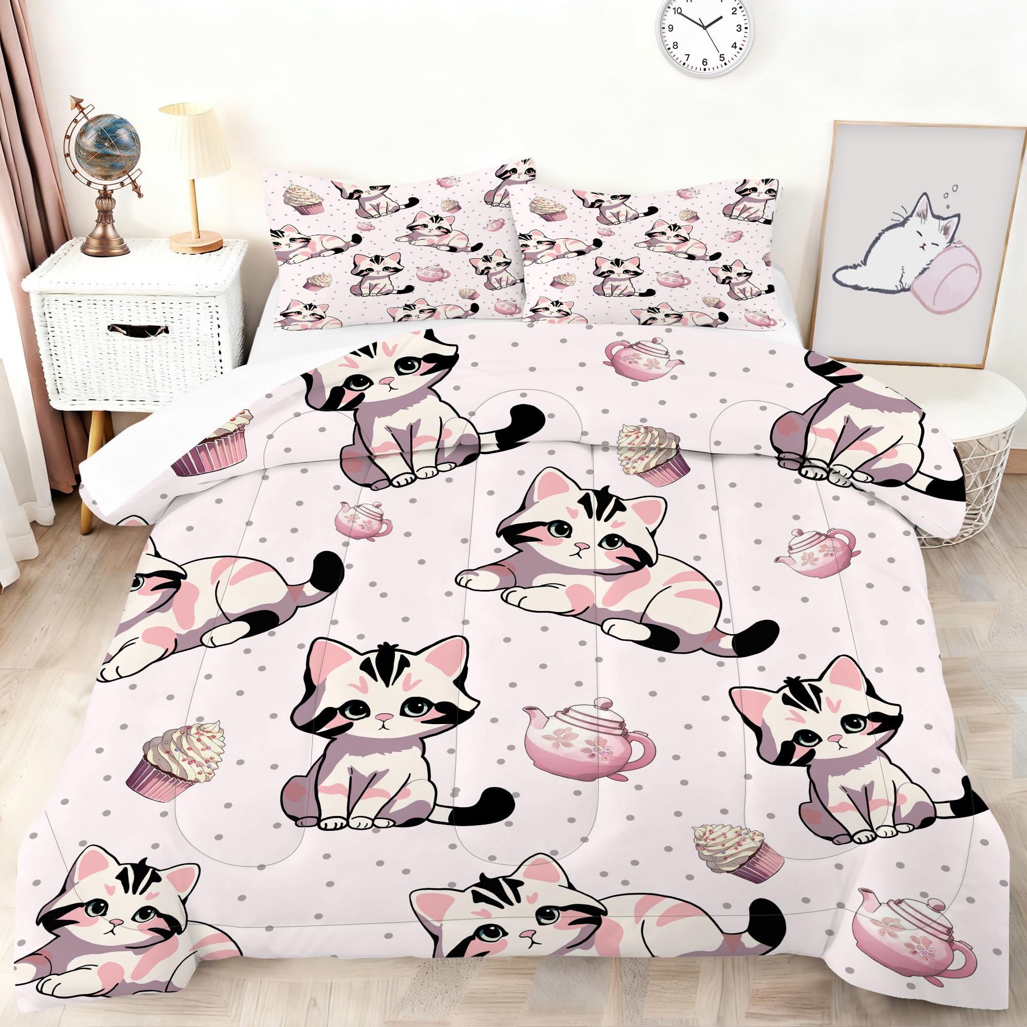 VTKON Pink Cat Comforter Set Twin Size for Girls, Soft Cartoon Cat Bedding Set for All Season Use, Cat Quilt for Room Decor of Pink Girls Bedding Set