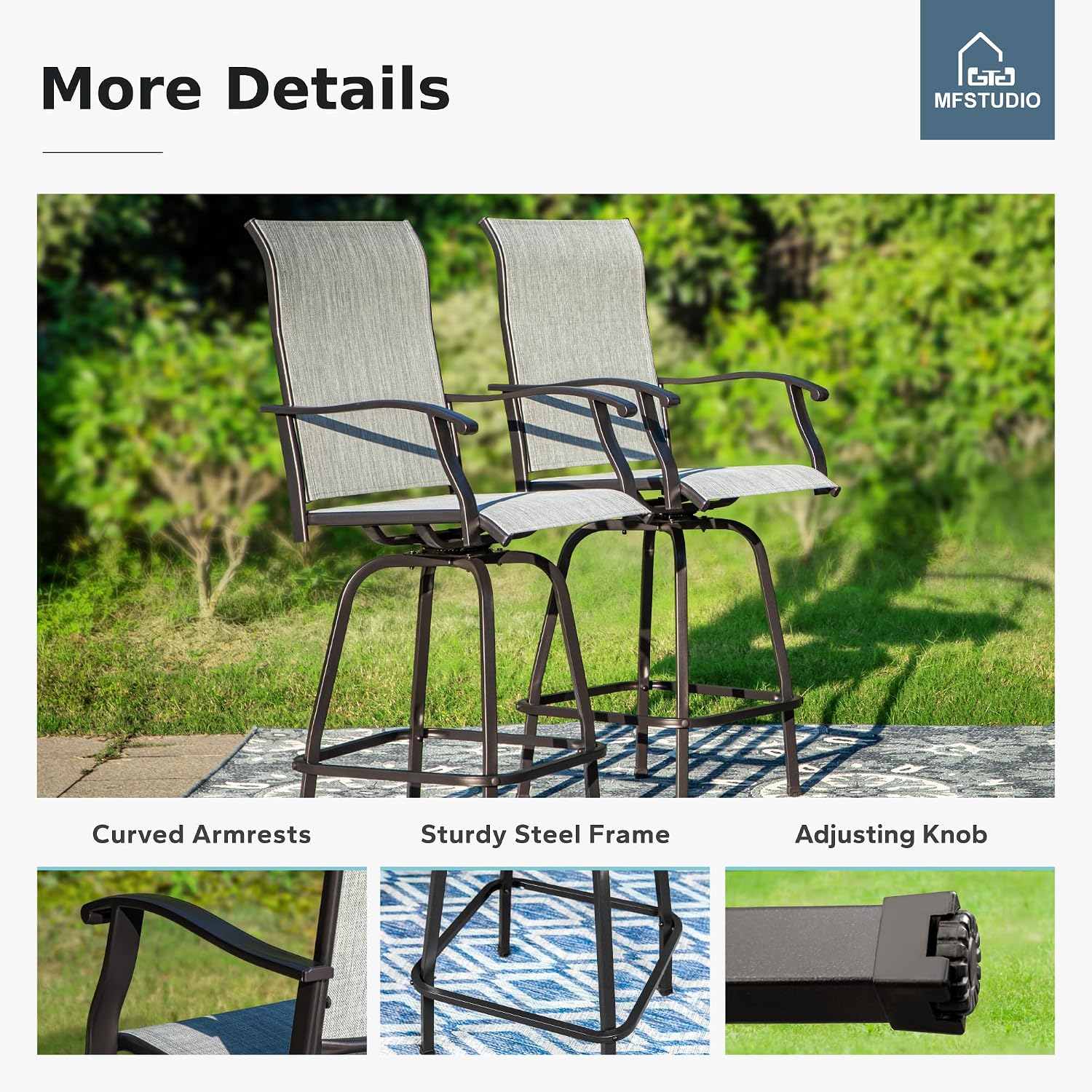 MFSTUDIO Patio Bar Set of 5, Outdoor Bar Height Table and Chairs, 1 x Metal Slat High Top Bar Table and 4 x Swivel Outdoor Bar Stool, Light Grey