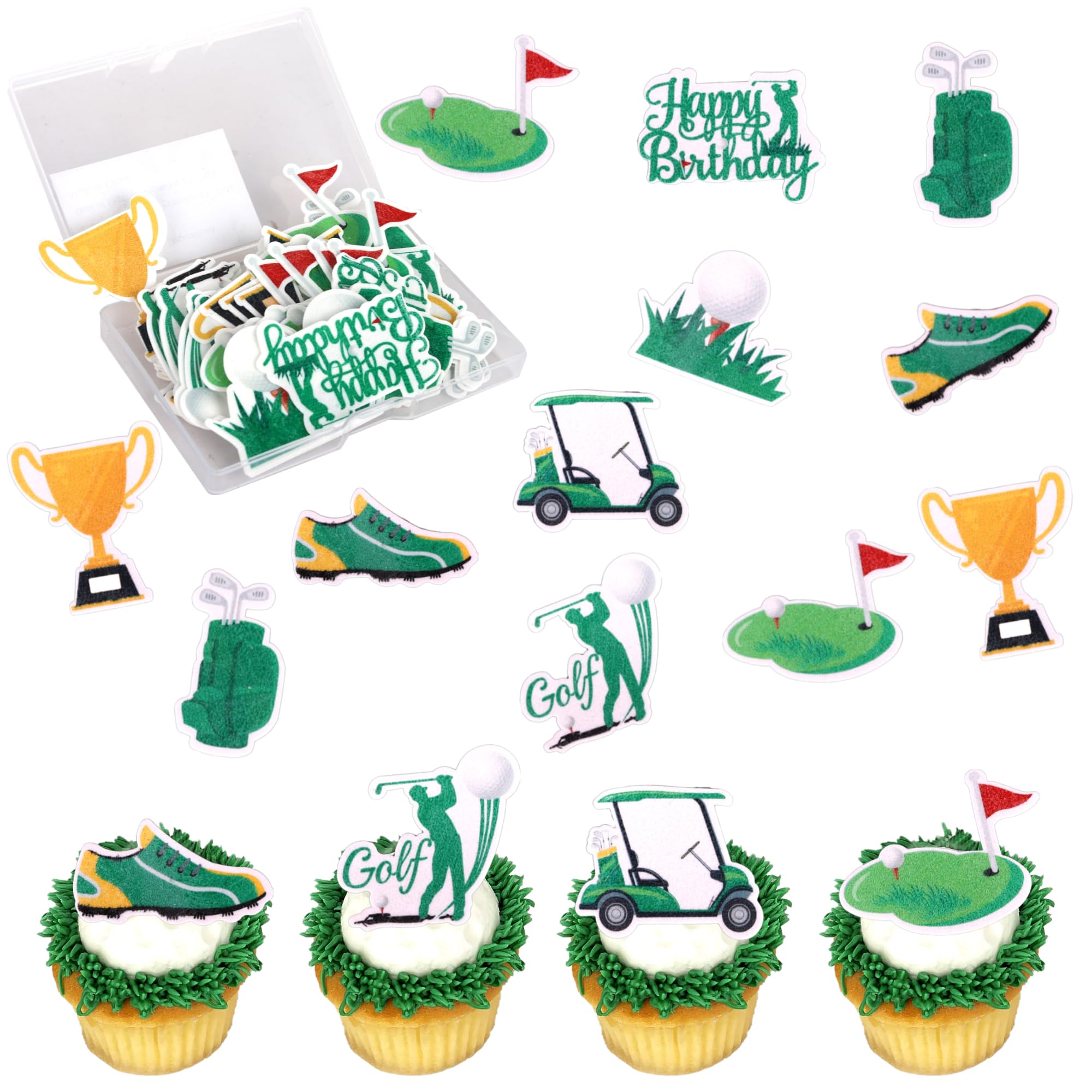 56 PCS Edible Golf Cupcake Toppers Wafer Paper Trophy Lawn Golf Shoes Bag Ball Carts Cupcake Picks Edible Golf Cake Decorations for Golf Sports Player