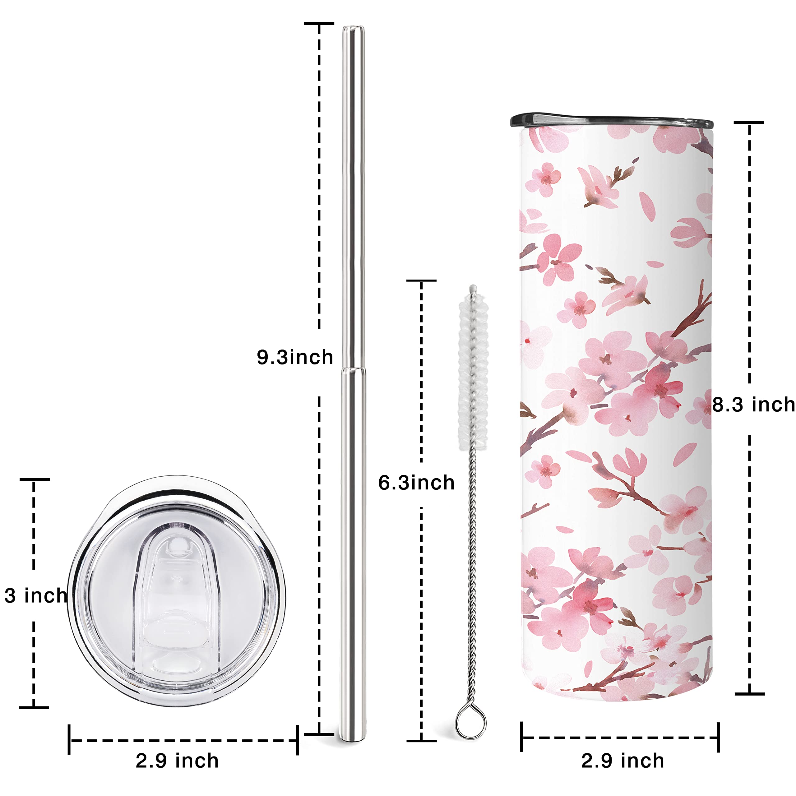 Vaso flaco floral con pajita y tapa, 20 onzas, doble pared, acero inoxidable, aislado al vacío, café, vino, té, regalo para mujeres, color rosa