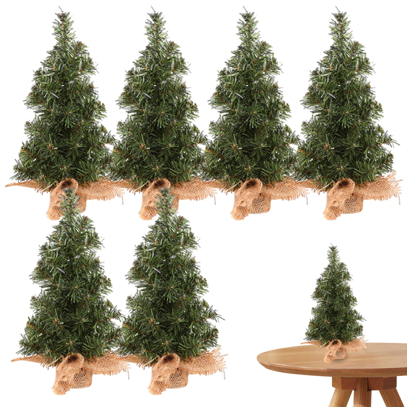 Mini sapin de Noël 6 pièces avec base en lin, petit sapin artificiel miniature de table
