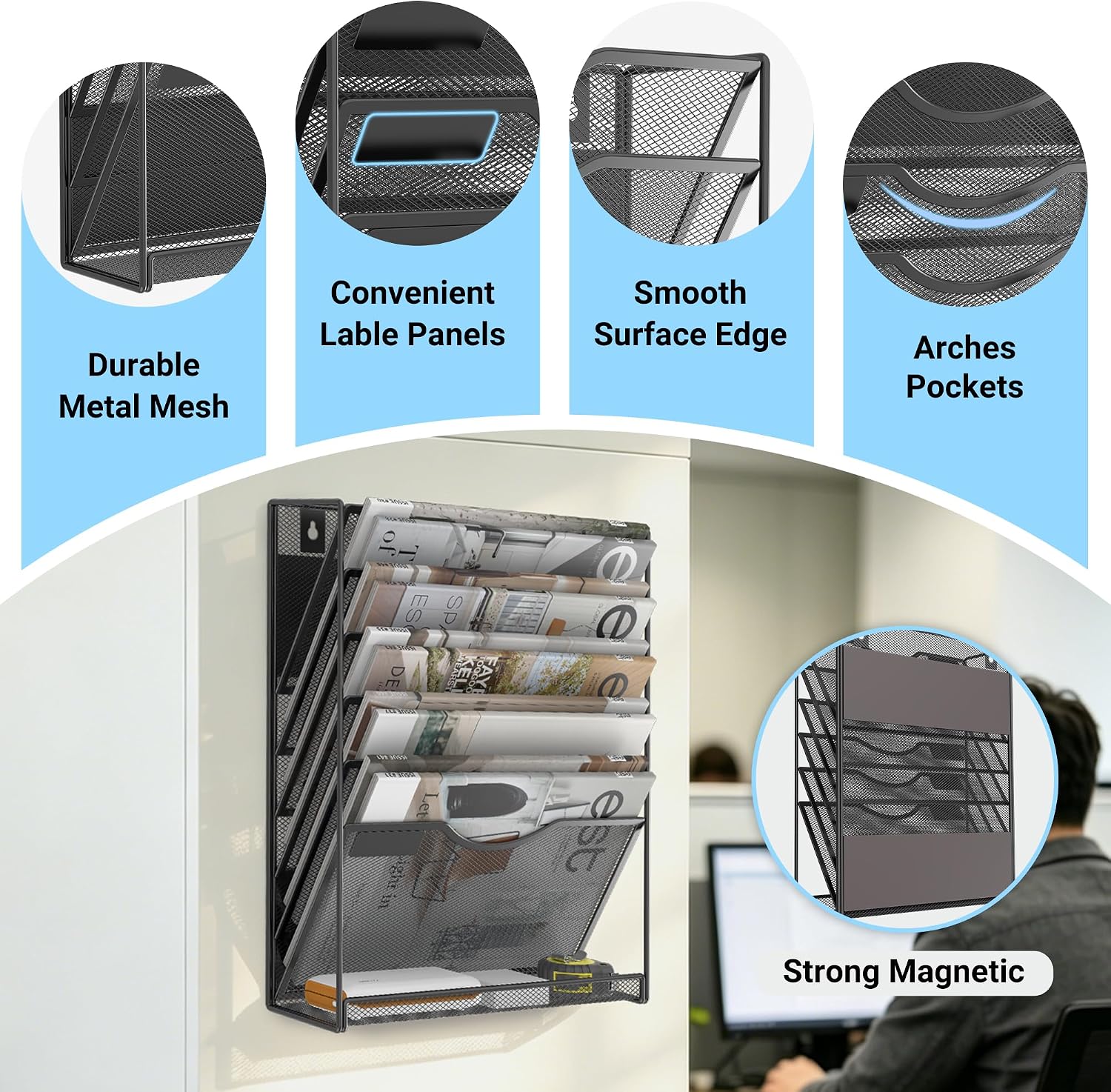 Gawerk Magnetic Wall File Holder – Magnetic Paper & Document Organizer for Home and Office (6+1 Tier)