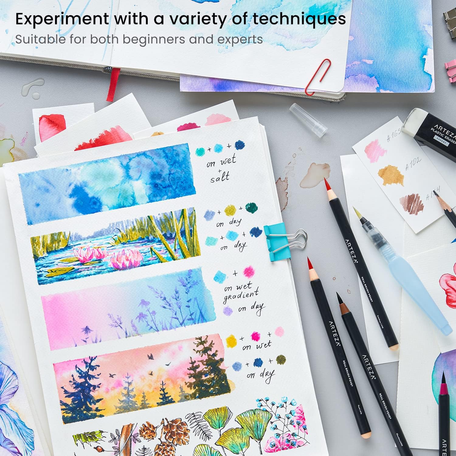 ARTEZA 12 Watercolor Pens for Artists, Magic Tones Real Brush Pens, Blendable Watercolor Markers for Adults - Image 5