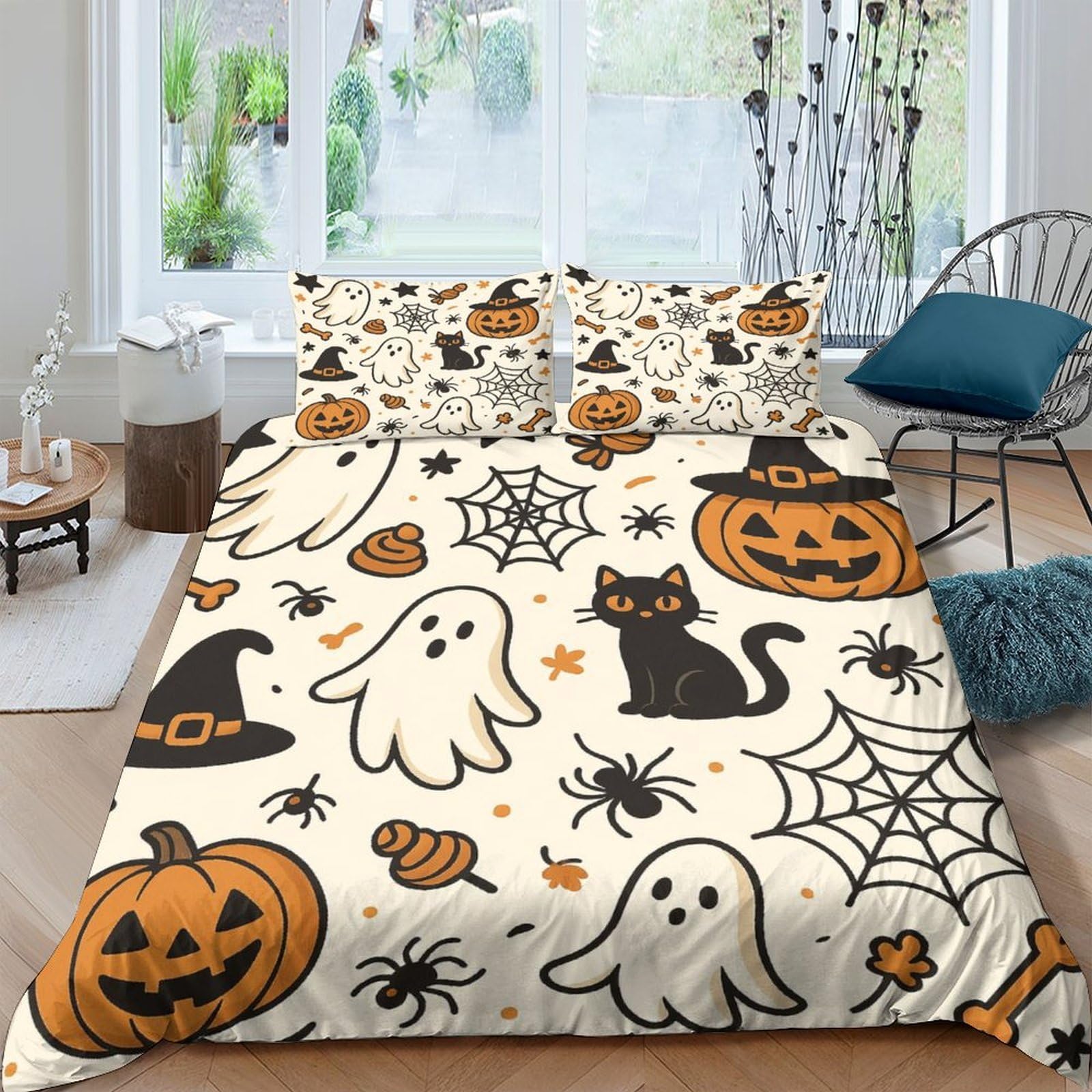 Ctjqhvkz Style-8 3D Printed Halloween Pumpkin Fitted Sheet Microfiber Soft Ghost Cat Bed Cover For Bedroom Dorm Decoration Single（135X200cm）