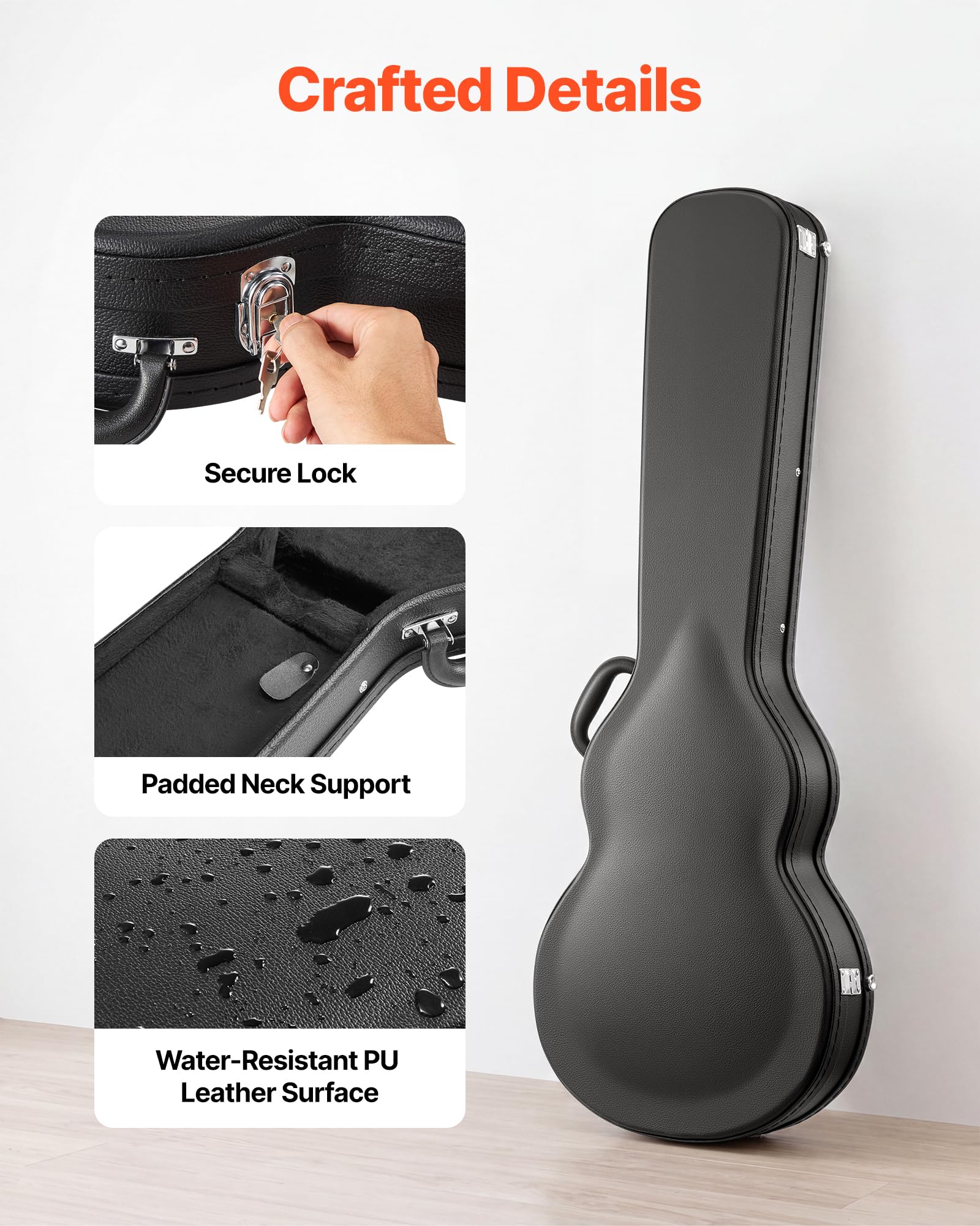 VEVOR Estuche para Guitarra Eléctrica de 39 Pulgadas 99,1cm Negro de Madera, para Guitarras Les Paul, con Cerradura, Inserto de Espuma, Llaves, Compartimento para Accesorios, Resistente al Desgaste