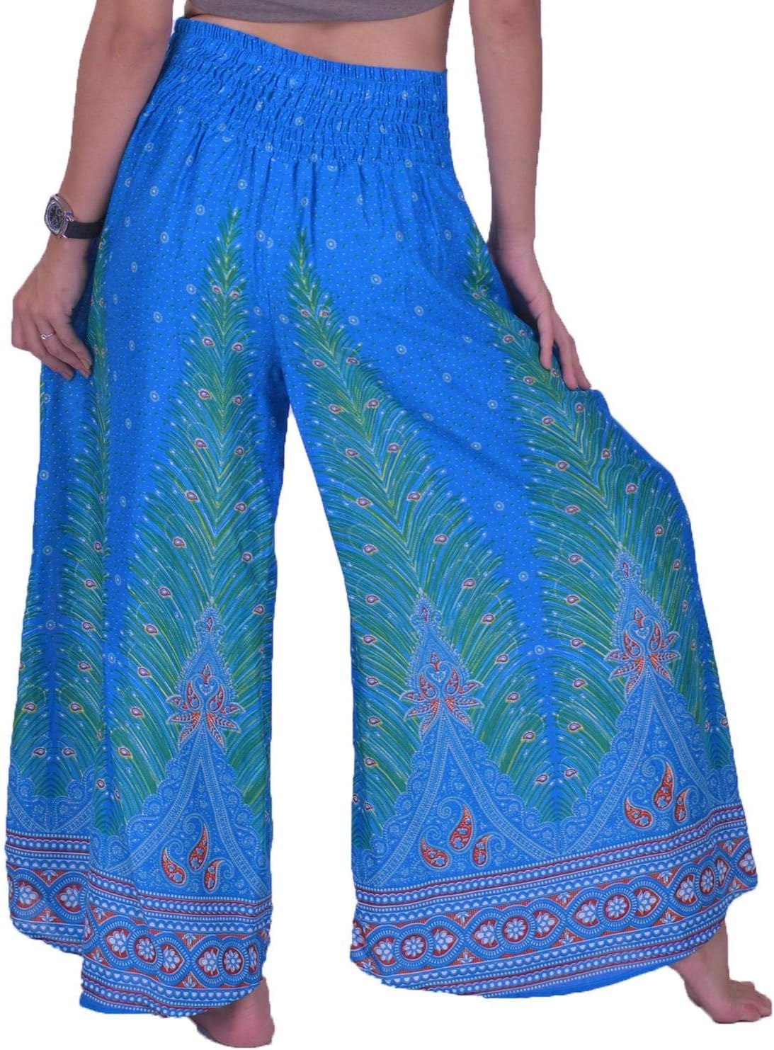 Lofbaz Women's Wide Leg Palazzo Pants Yoga Lounge Hippie Harem Flowy Trousers Ladies Petite Summer Hippy Comfy Travel Belly Dance Slacks - Peacock 1 Light Blue S - Image 3