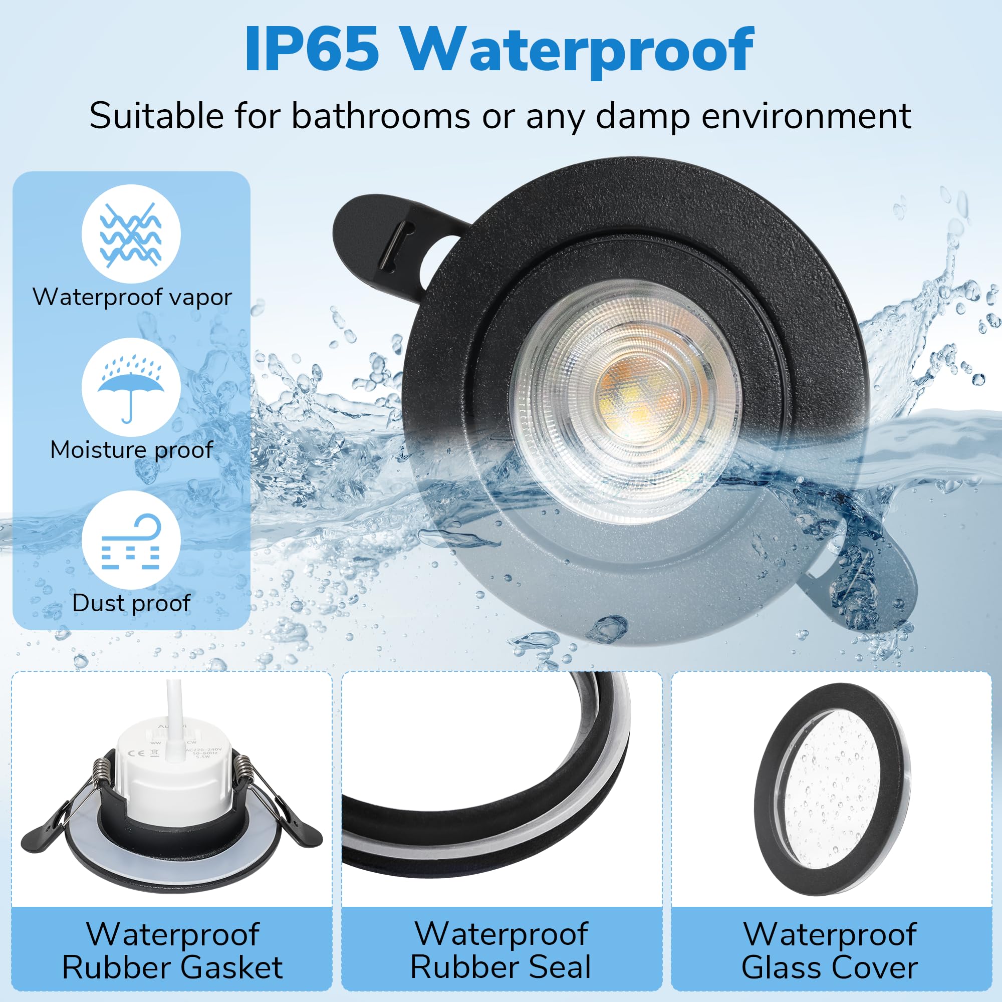 LED Einbaustrahler 230V Dimmbar IP65, 6W 3CCT 3000K/4000K/6000K LED Spots Deckenleuchte, Einbauleuchten 58-75mm Lochmaß Ultra Flach Einbauspots, Deckenspots für Badezimmer, Schwarz 6er Set