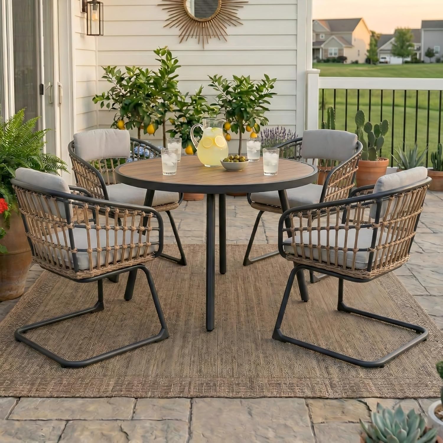 2 Pieces Outdoor Wicker C Spring Motion Chairs,Rattan Bistro Chair Set with Cushions and Pillow,All-Weather Patio Chairs for Backyard, Deck & Balcony (Set of 2)