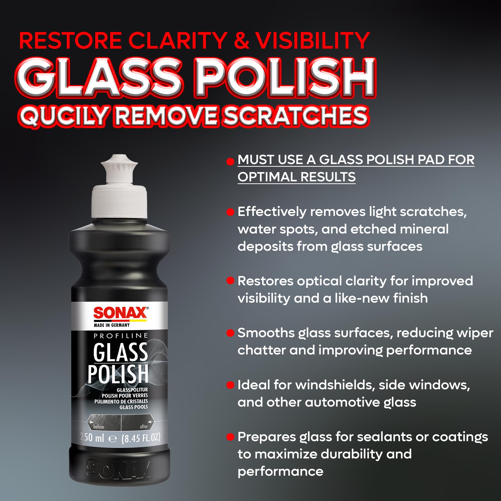 SONAX PROFILINE polissage du verre (250 ml) | Polissage pour verre pour enlever les rayures légères, le ternissement et les brûlures du verre véritable