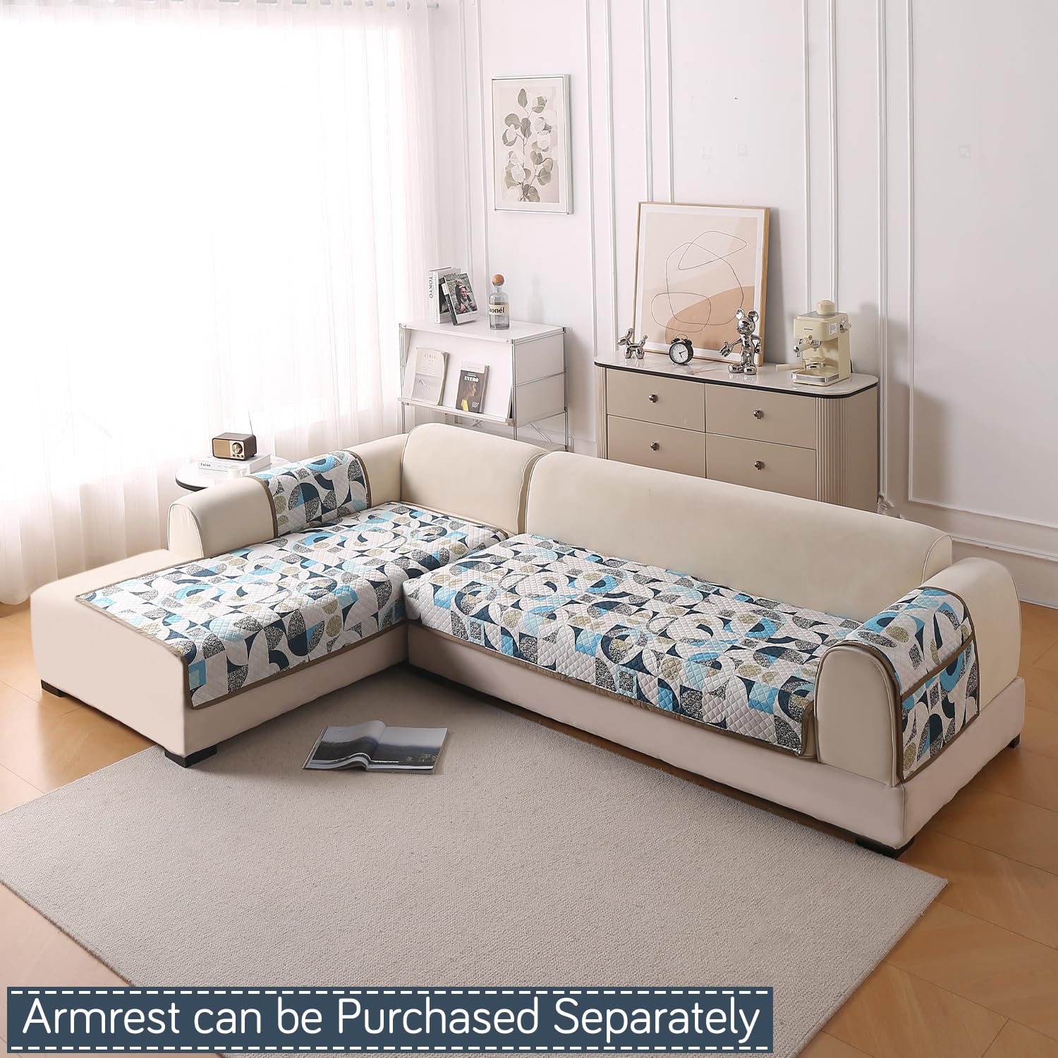 Beige Peony Sofa Cover - L Shape 5 Seater -5