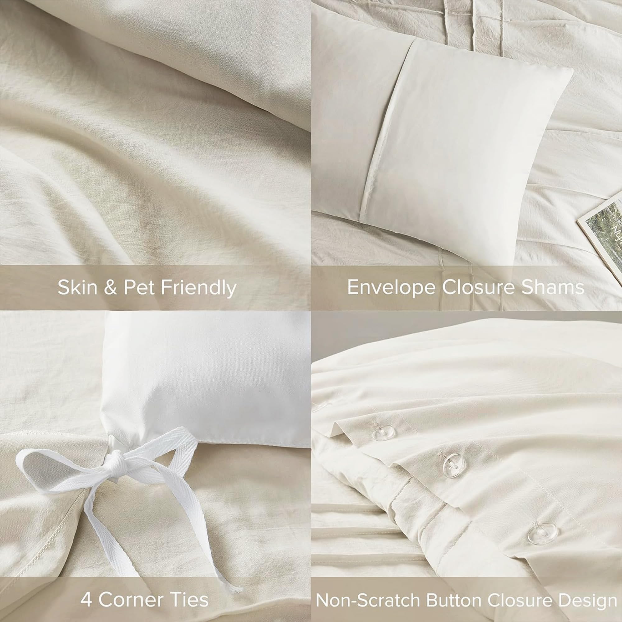 Comfort Spaces Kremowy zestaw poszewek na kołdrę typu king-size, 3 sztuki, plisowana poszewka na kołdrę, całoroczna, lekka, przypominająca bawełnę, wstępnie sprana poszewka na kołdrę z mikrofibry,