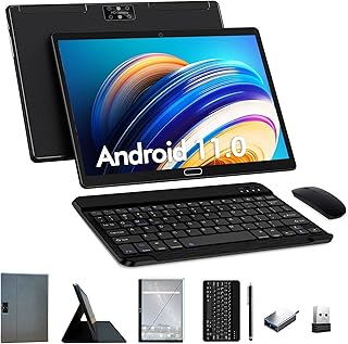 Tablet 10.1 Inch Android 11 Tablets with 4G LTE Cellular, 4G RAM, 64GB ROM, 2 In 1, Octa-Core, Keyboard，Tablet Case, 13MP Camera, Bluetooth, WiFi, GPS, Dual Sim Card Slot, HD Touchscreen, (Black)