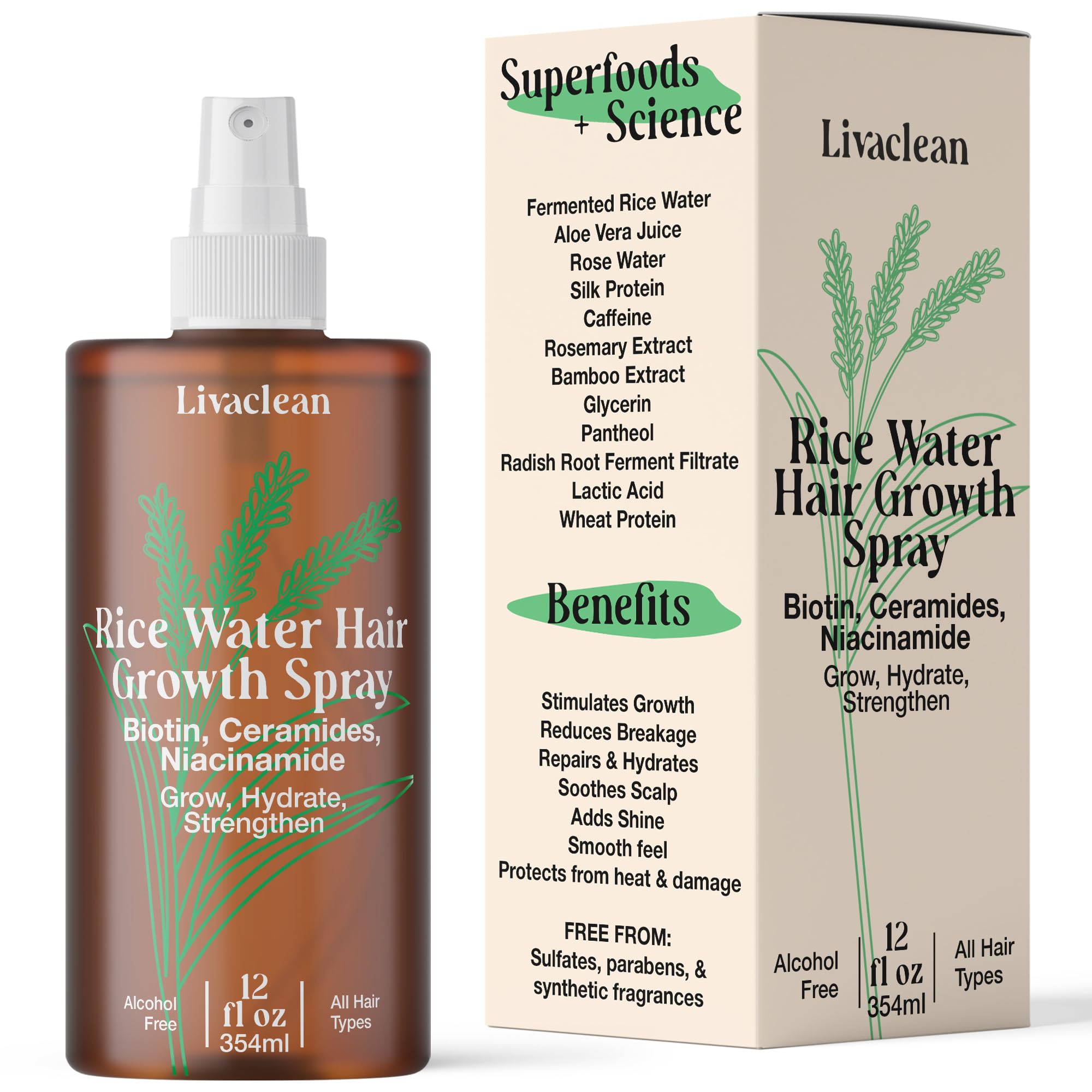 LivaClean Rosemary & Rice Water Spray for Hair Growth, 12 fl oz – Fermented Rice Water with Biotin, Caffeine & Silk Protein – Strengthening Leave-In for Thinning, Damaged & Curly Hair