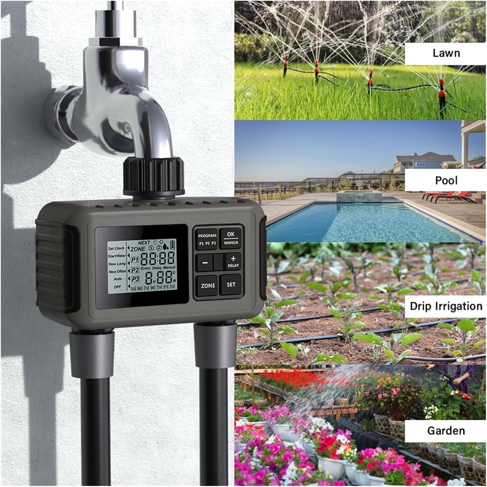 Timer for irrigazione, timer for tubo flessibile, timer for irrigazione for rubinetto da giardino con 2 uscite, timer for tubo flessibile programmabile, controller for sistema di irrigazione con 3 pro
