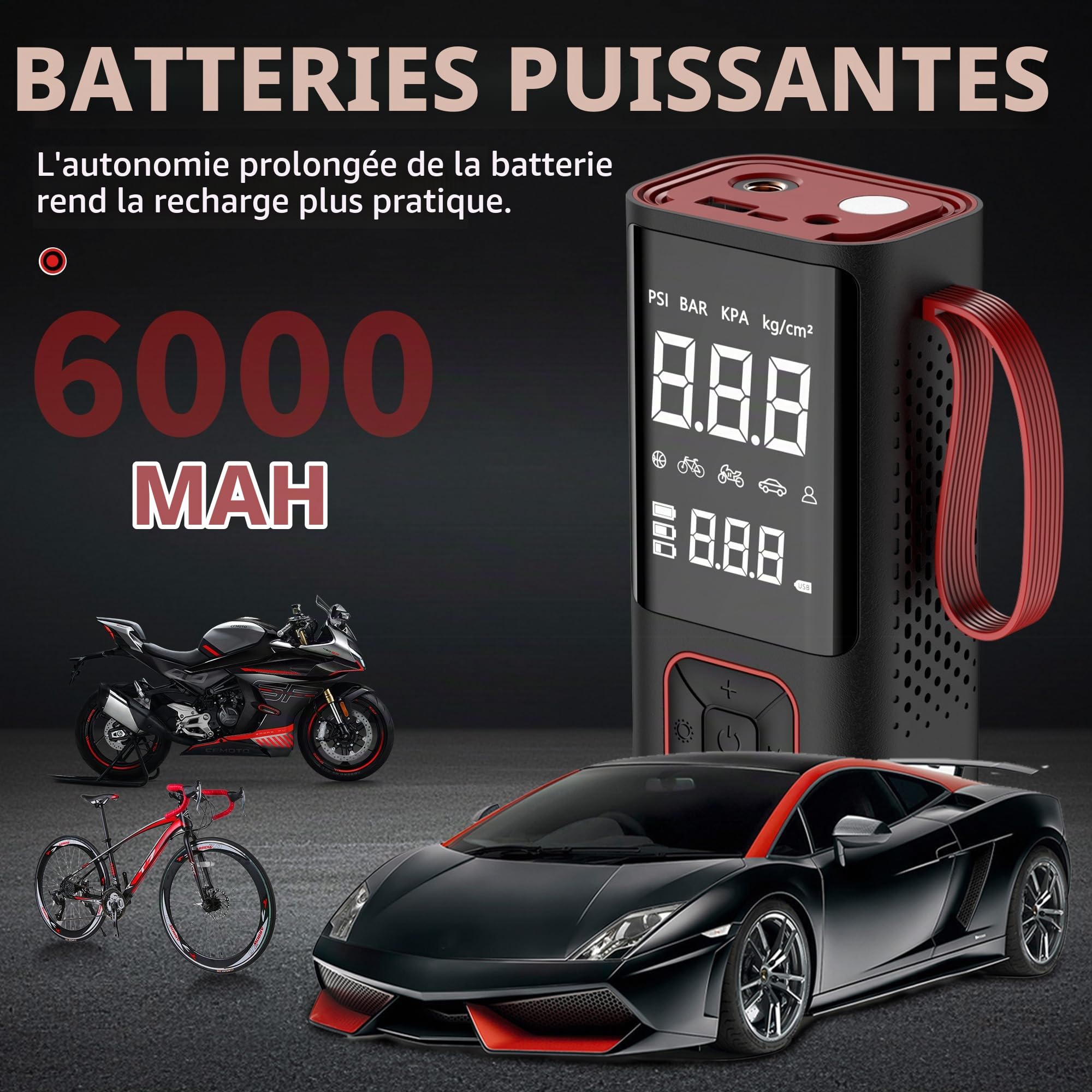 Gonfleur Pneus Voiture Sans Fil,COCCKO 6000mAh Compresseur à Air Portatif pour Pneus, 150PSI gonfleur velo electrique,LED et Arrêt Automatique, avec 3M Cigarette Lighter 12V et Storage Bag