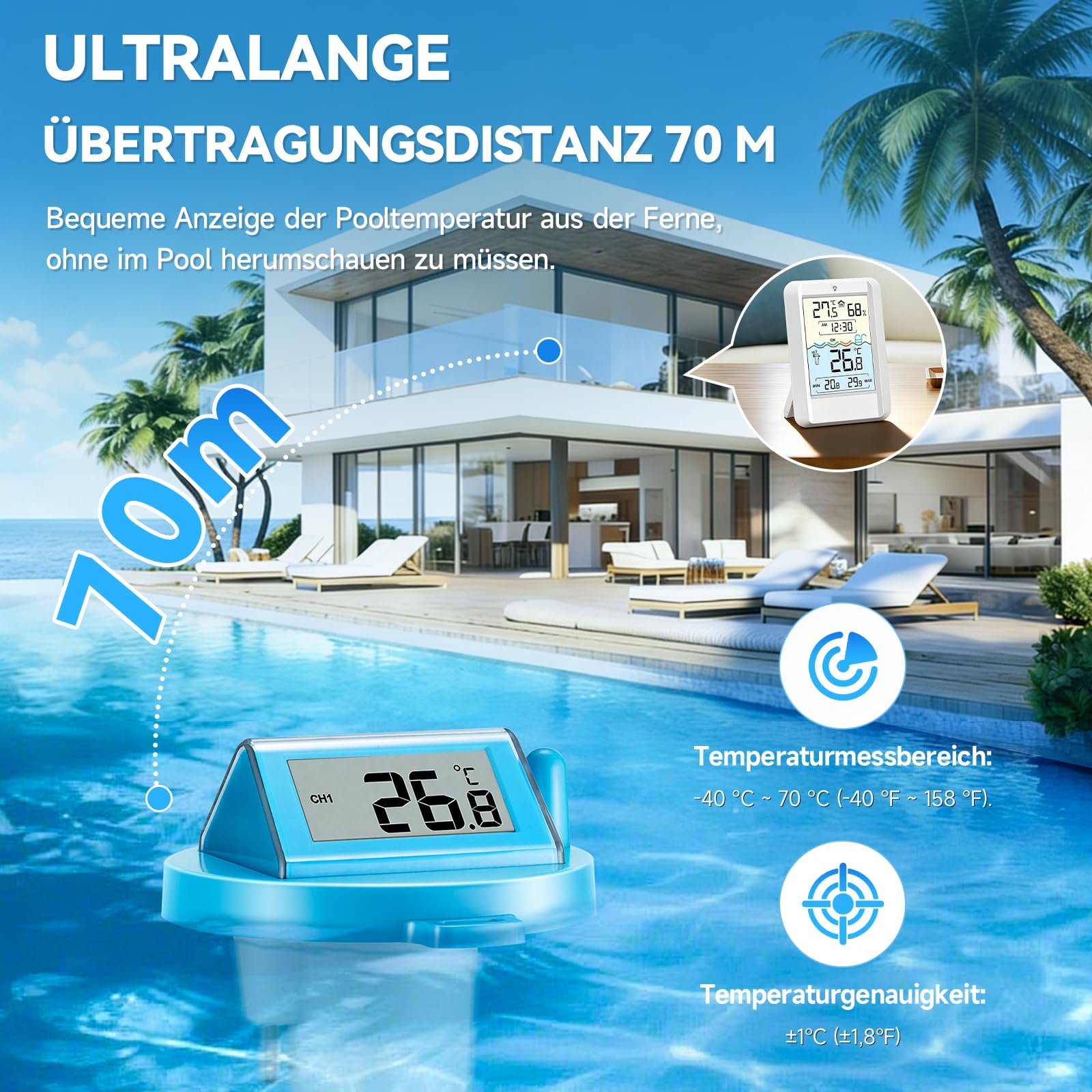 Warmfay Termometro digitale per piscina, funzionamento a energia solare e batteria, IP68, impermeabile con ricevitore fino a 70 m, termometro radio per piscina, vasca da bagno, stagno spa