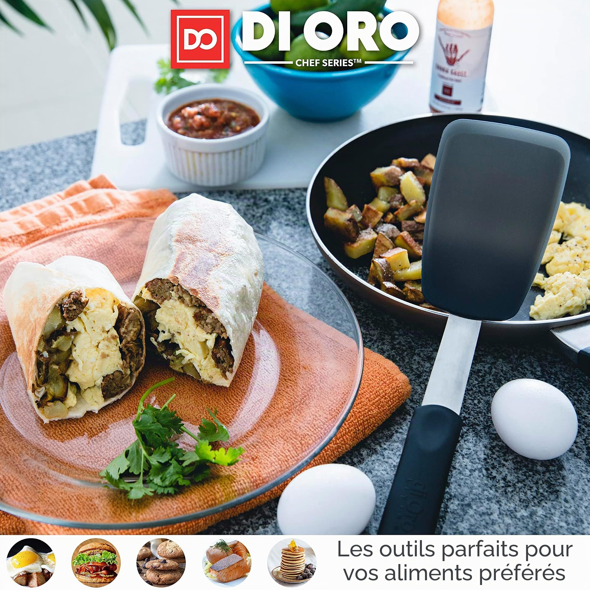 DI ORO® - Série Chef - Spatules de cuisine en silicone et acier inoxydable - Résistantes à la chaleur à 315 °C - Meilleures spatules ajourées - Parfaites pour des oeufs et des crêpes
