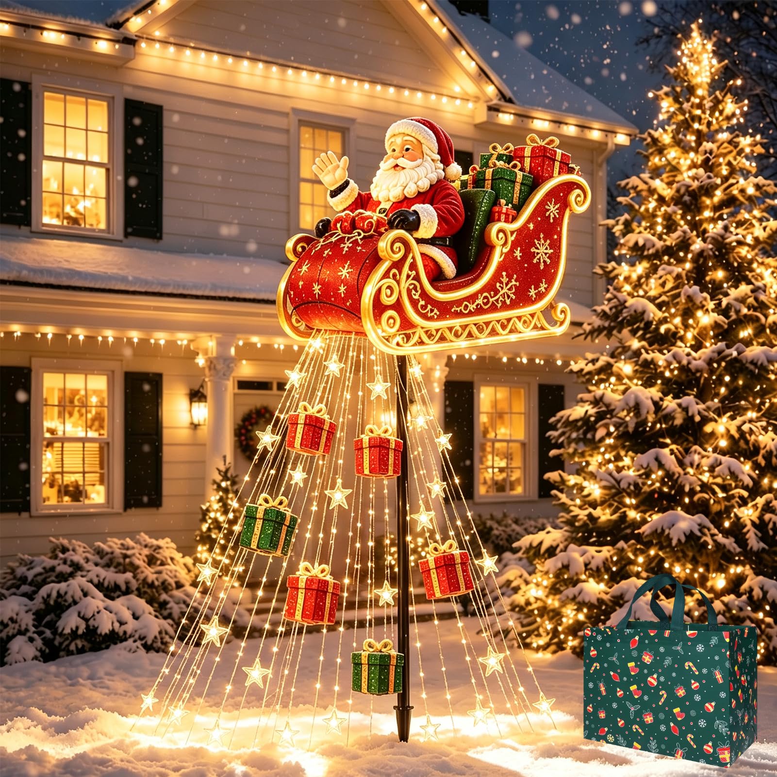 Santa’s Flying Sleigh Gift Cascade, Solar Christmas Garden Light (#A)