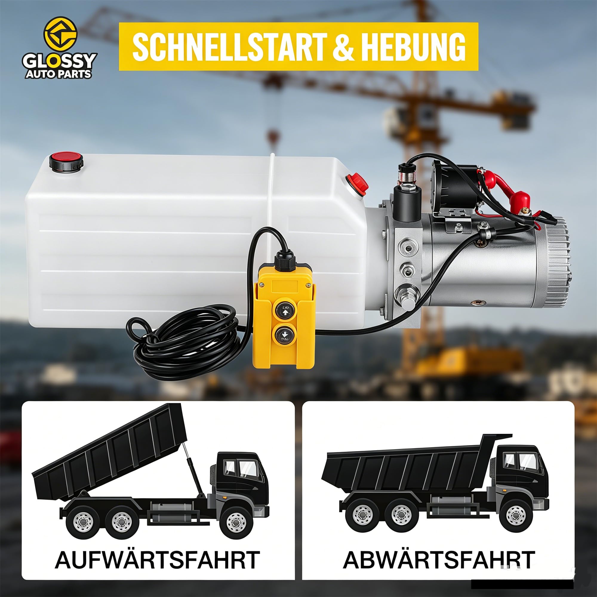 8-Liter Hydraulikpumpe 12 V Anhänger LKW Muldenkipper Kunststoff Kompatibel mit LKW-Heckklappen, Wohnmobil-Nivellierung, Scherenhebebühnen, Muldenkipper GLOSSY AUTO PARTS