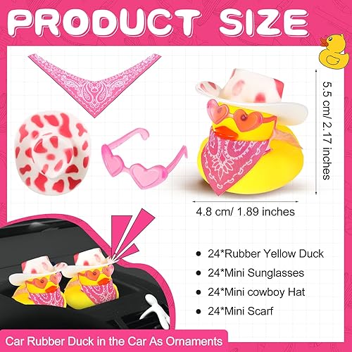 Miniatura 8 de Juego de 24 patos de goma vaqueros, mini patitos de goma, juguetes para fiesta de baño, juguetes de bañera, patitos amarillos con sombrero, gafas de