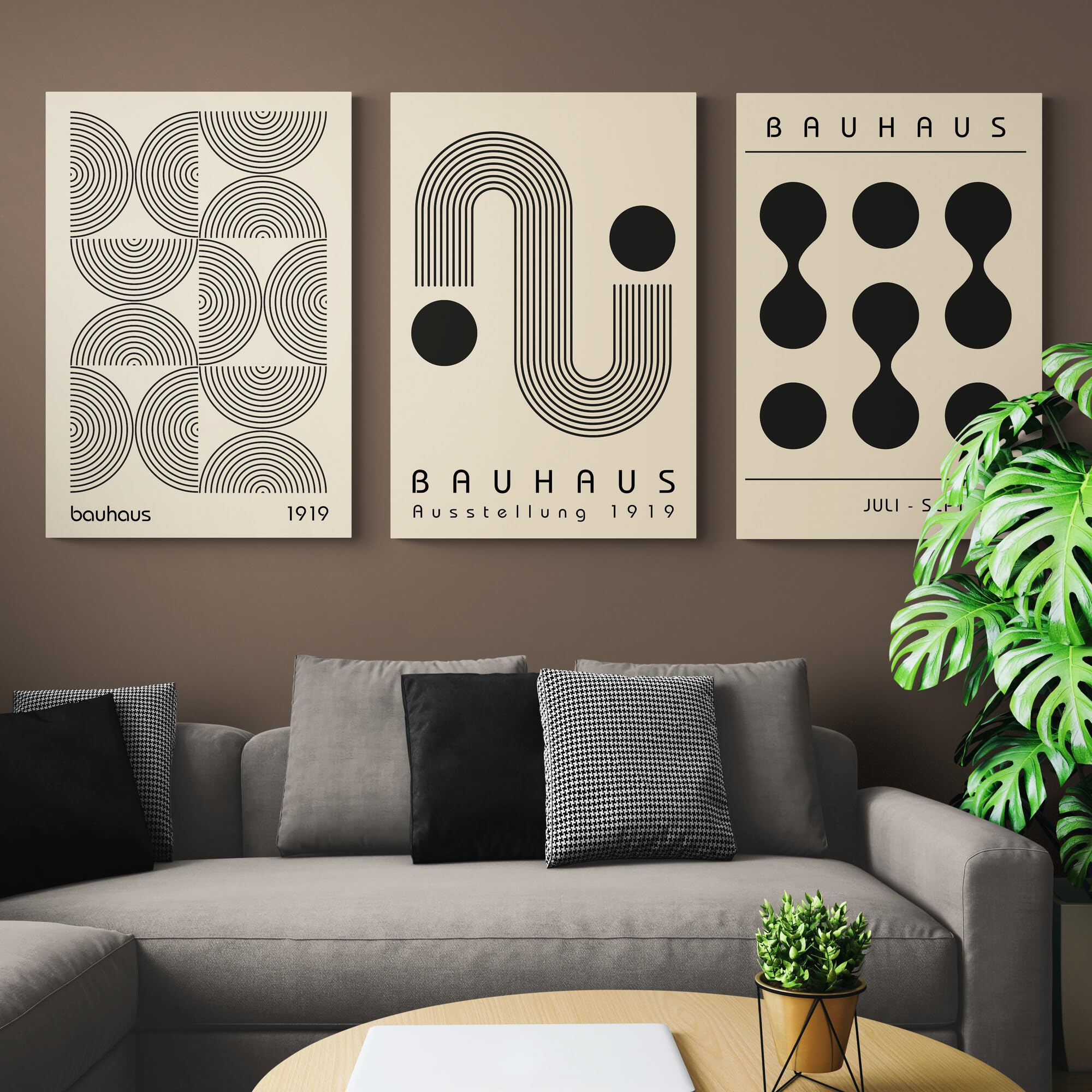 Bauhaus Wanddekor abstrakte Wandkunst Moderne Drucke Set mit 3 Drucken eingewickelte, gerahmte Leinwandbilder verschiedene Größen (A1 81 cm x 61 cm)