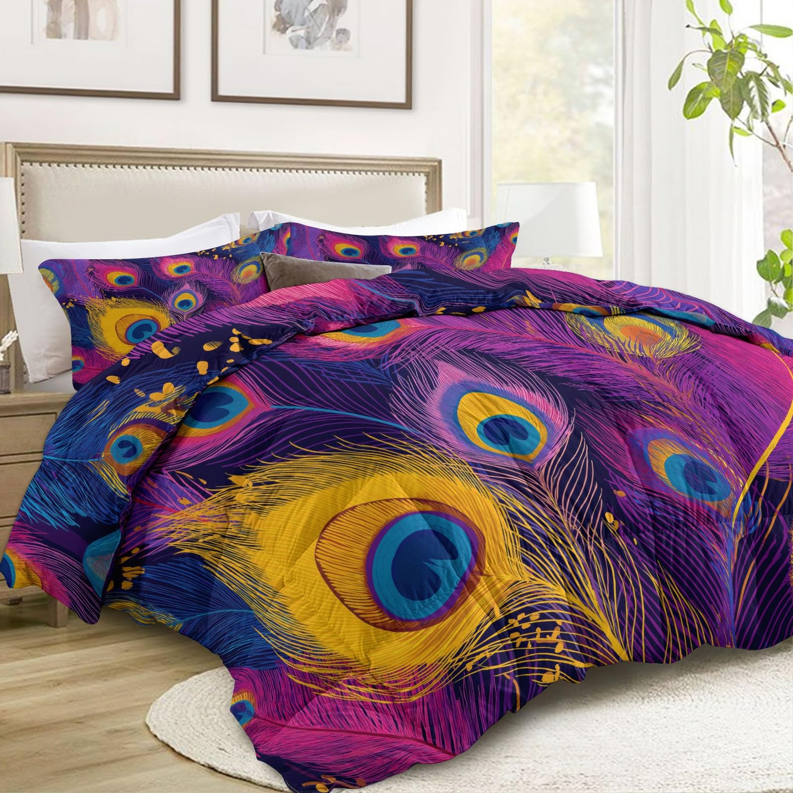 Générique Piumino trapuntato stampato a 4 stagioni, motivo: pavone, piume, 140 x 200 cm, morbido, leggero e caldo, senza copripiumino per 1 persone, Edredon reversibile, per letto matrimoniale e
