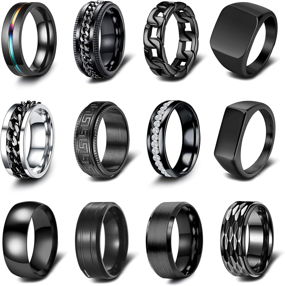 EIELO 12pcs Stainless Steel Band Rings - Silver, Modern, Wedding & Everyday Occasion - No Gemstones, Unisex, Size 7-14