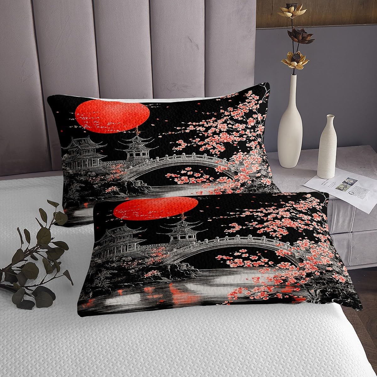 Chinese Painting Bedspread King Size,Traditional Style Building Bridge Quilt Set with 2 Pillowcases,Red Sun Flowers Floral Tree Black Microfiber Coverlet Set for Children Adult,Breathable
